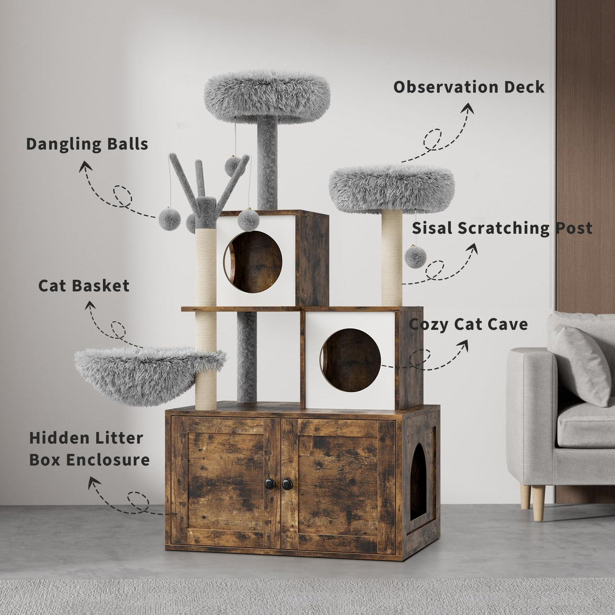 57.5-Inch Cat Tree with Litter Box Enclosure 2-in-1 Modern Cat Tower with Cat Condo/Hammock/Scratching Post/Plush Perch/Removable Pompom Sticks/Caves, Wooden Hidden Litter Box Furniture, Oak Brown OUTGOODS