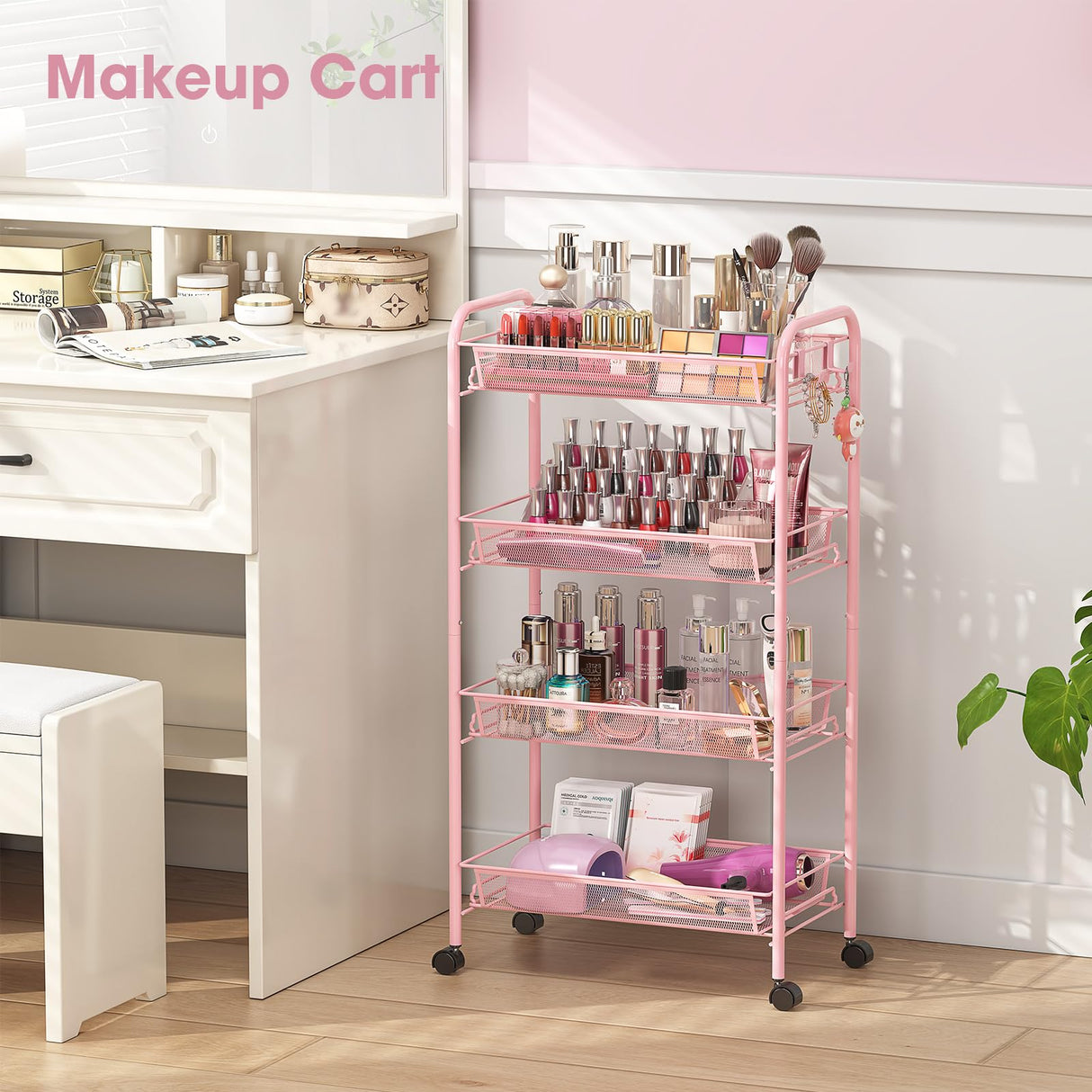 TOOLF 4 Tier Rolling Utility Cart - Durable Metal Design Pink Utility Cart, Storage Trolley on Wheels with 3 Hooks, Perfect for Kitchen, Bathroom & Laundry Room Organization TOOLF