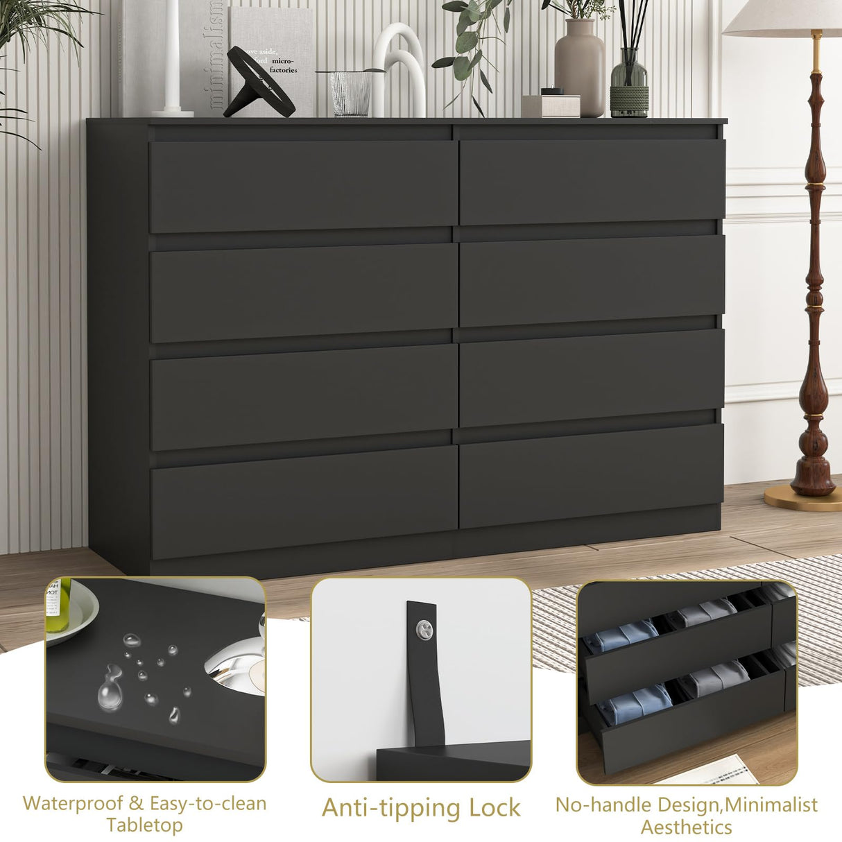 CIPACHO Black 8 Drawer Dresser for Bedroom,Modern Large Dresser with Deep Drawer,Wide Storage Chest of Drawer, Bedroom Storage Furniture Drawers for Living Room CIPACHO
