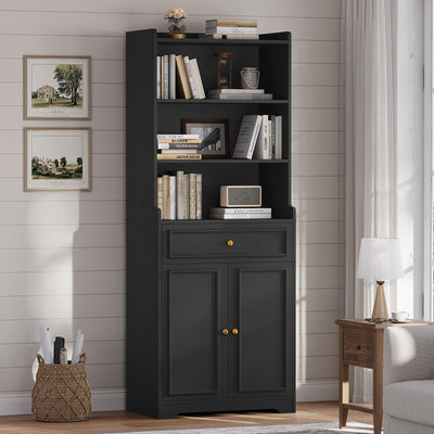 Hasuit Bookshelves and Bookcase with Doors and Drawer & Shelves, 73 in Tall Bookshelf with Storage, Floor Standing 7 Shelf Display Cabinet Bookshelf Storage Cabinet for Home Office, Living Room, Black