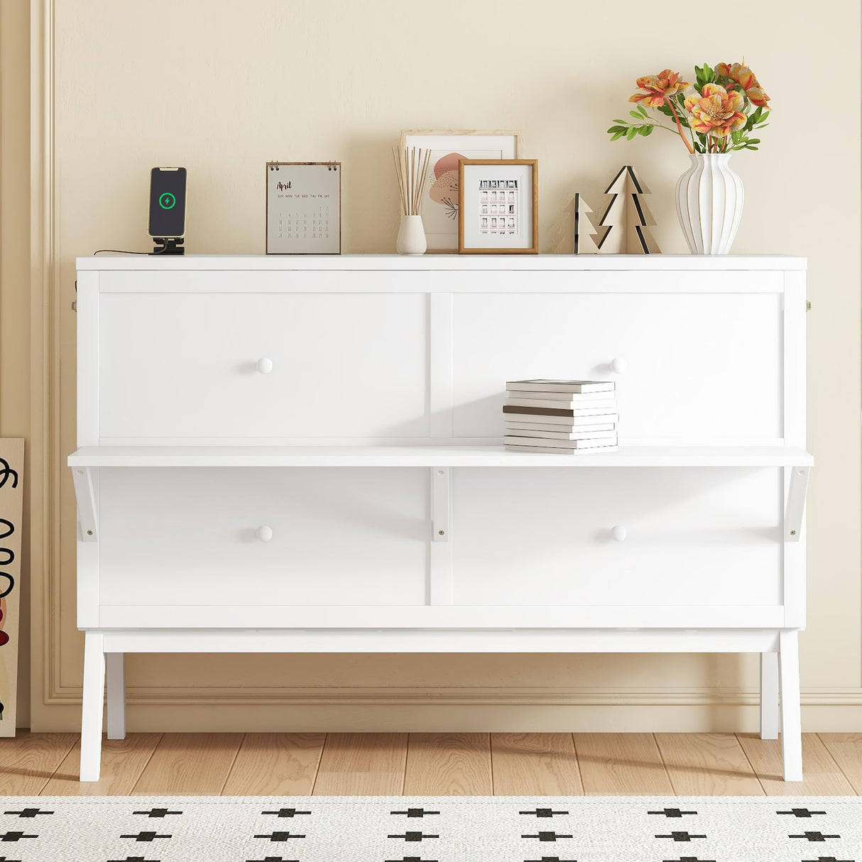 PVWIIK Queen Murphy Bed with Desk and Removable Shelves on Each Side, Murphy Bed Chest Murphy Bed Frame w/USB Port for Home Office, Studio or Guest Room,White PVWIIK