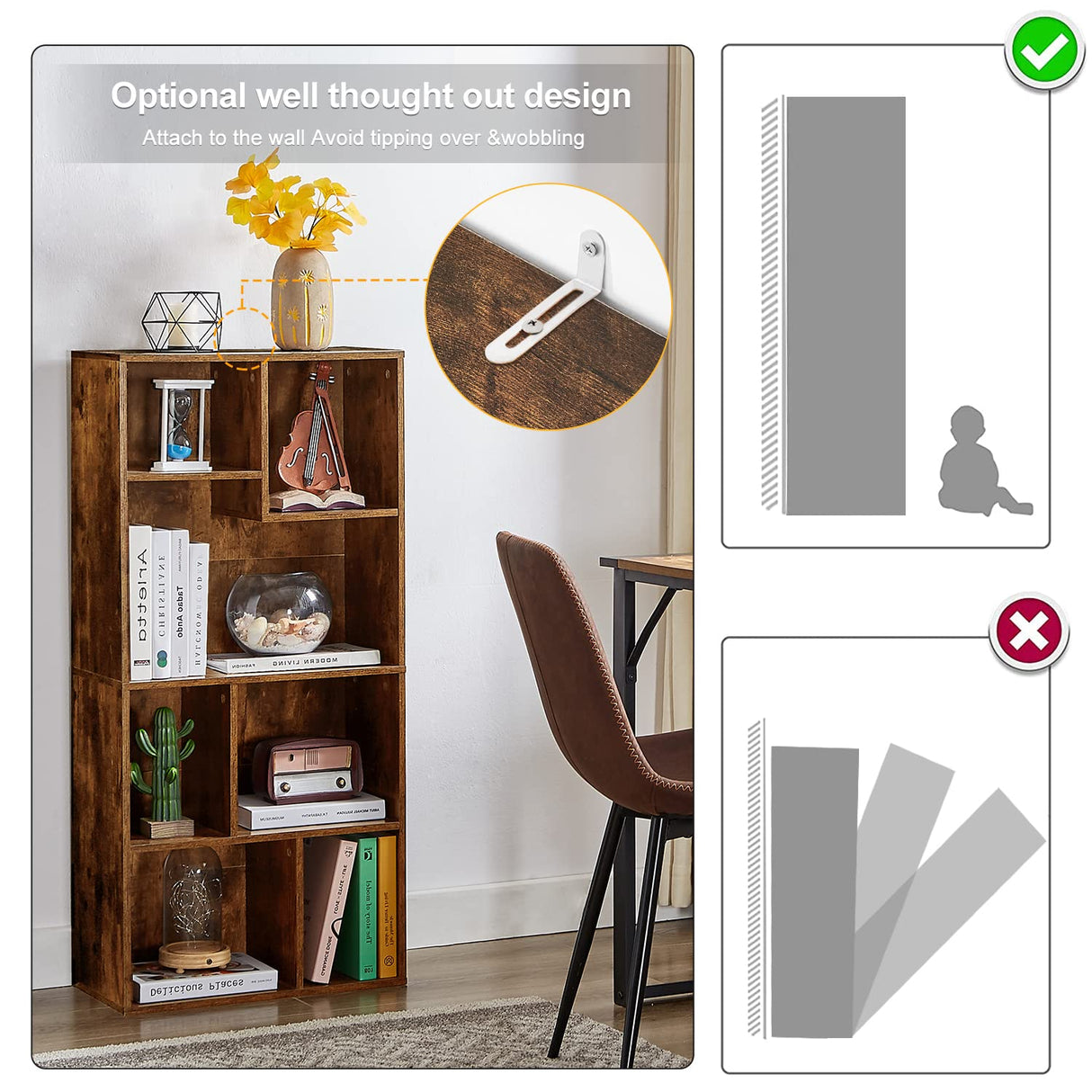 VECELO 42 Inch High Bookcase, 4-Tier Modern Storage Cabinet with Height Difference Shelves for Standard Textbooks, Floor Standing, 7 Cubes, Horizontal Available, Easy Assembly, Rustic Brown VECELO