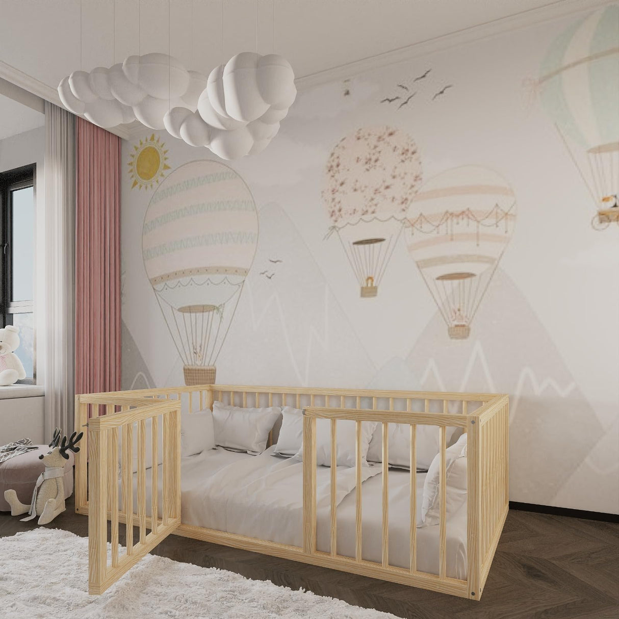 Montessori Floor Bed with Door for Toddler 39.4'' x 75.2'' Twin Size | Pine Wood Natural Solid Frame Bed Door in the Middle | Sturdy Design Floor Bed Frame Boy and Girls (Twin, Height : 23.6 Inches) wood and montessori