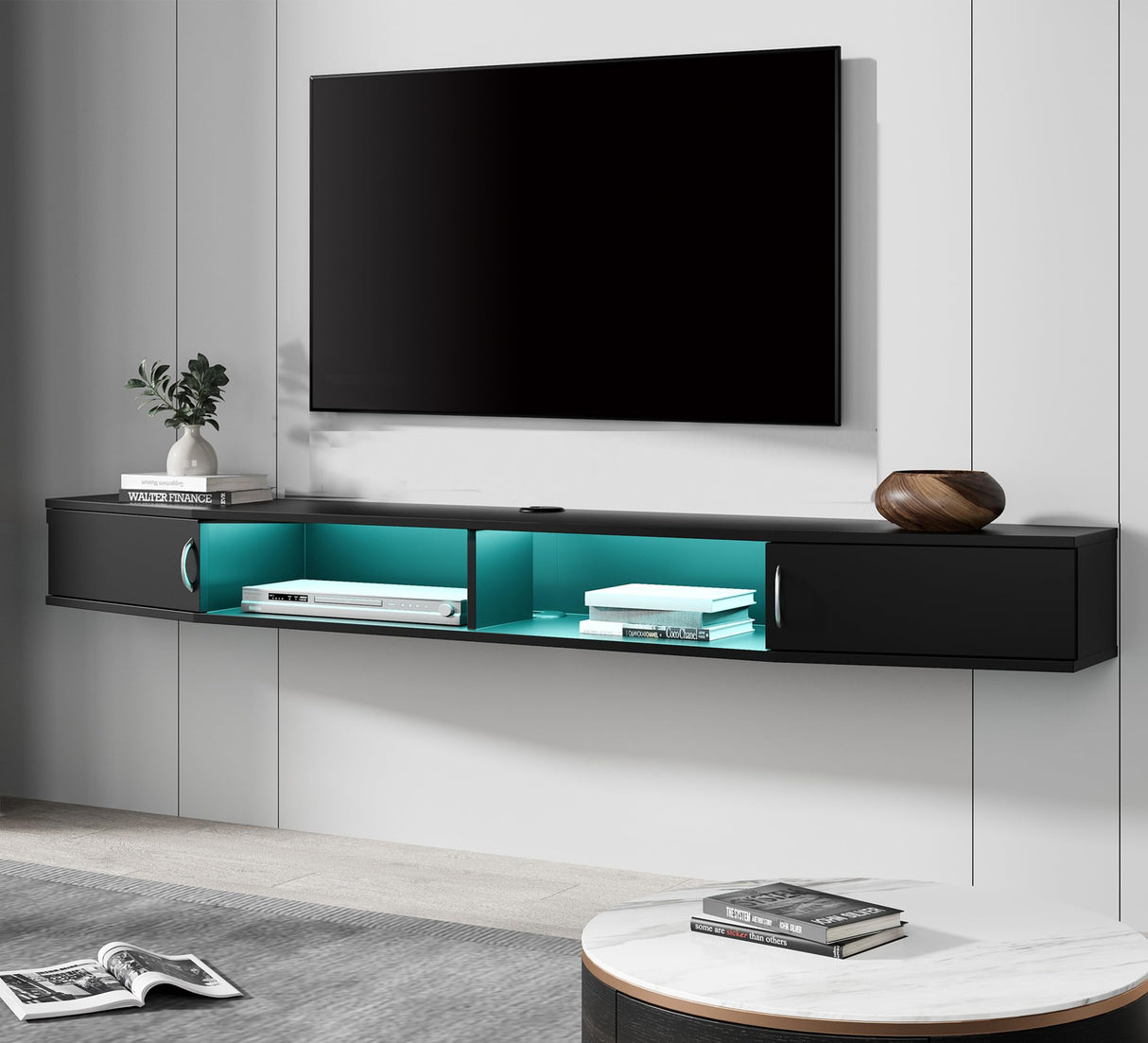 FITUEYES Floating TV Stand Wall Mounted Shelf with 16 LED Lights, Wood Media Console Entertainment Center Under TV, Cabinet Hutch Desk Storage for Home and Office,Black FITUEYES