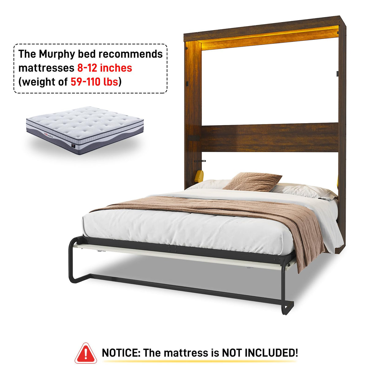 Hlivelood Queen Size Murphy Bed with 2 LED Lights, Farmhouse Wood Hidden Foldable Wall Bed Frame w/Gas Struts, Storage Bed Cabinet for Bedroom, Office, Space-Saving, No Box Spring Needed, Rustic White Hlivelood