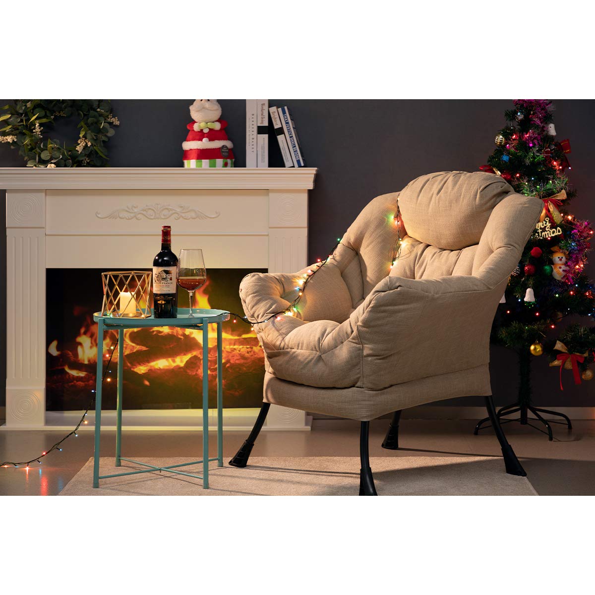 HollyHOME Modern Fabric Large Lazy Chair, Accent Oversized Comfy Reading Chair, Thick Padded Cozy Lounge Chair with Armrest, Leisure Sofa Chair for Living Room, Bedroom, Dorm, Coffee&White HollyHOME