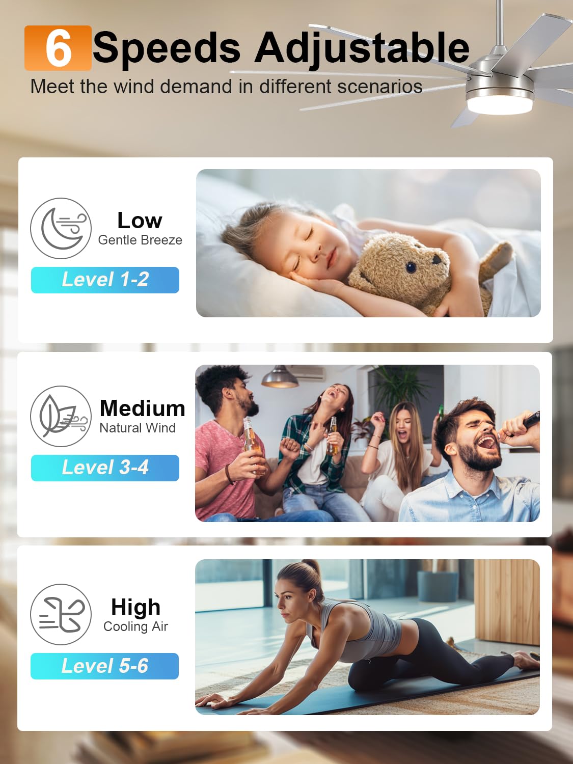 YUHAO 72 Inch Brushed Nickel Ceiling Fan with Light and Remote Control.Noiseless,Dimmable,3CCT,6 Speeds Reversible, DC Ceiling Fans for Indoor or Covered Outdoor YUHAO