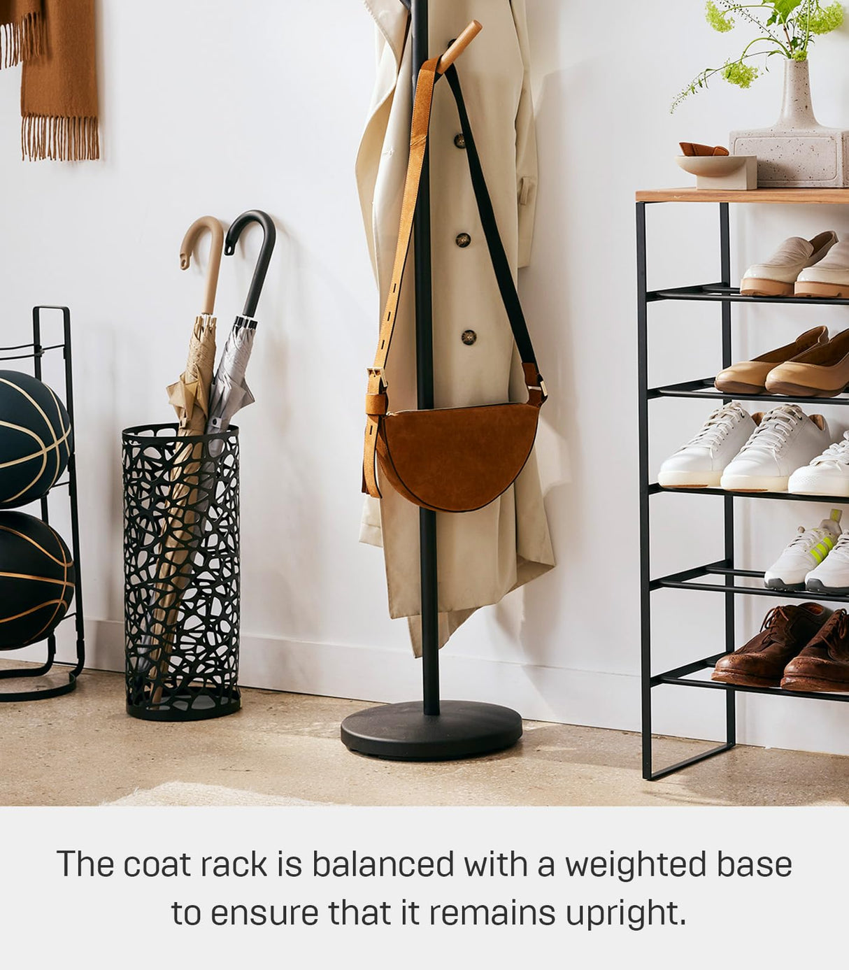 Yamazaki Home Plain Freestanding Coat Hanger Rack With Wooden Hooks, Space Saving, 70" - Steel YAMAZAKI