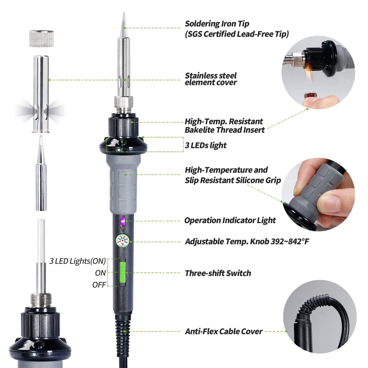 YIHUA 947-V Soldering Iron Kit with 3 LED Lights, Temperature Control, 5 Premium Solder Tips, Desoldering Pump, Indicator & ON/OFF Switch-60 Watts Soldering Iron, Solder Wire, Tip Cleaner, and more. YIHUA