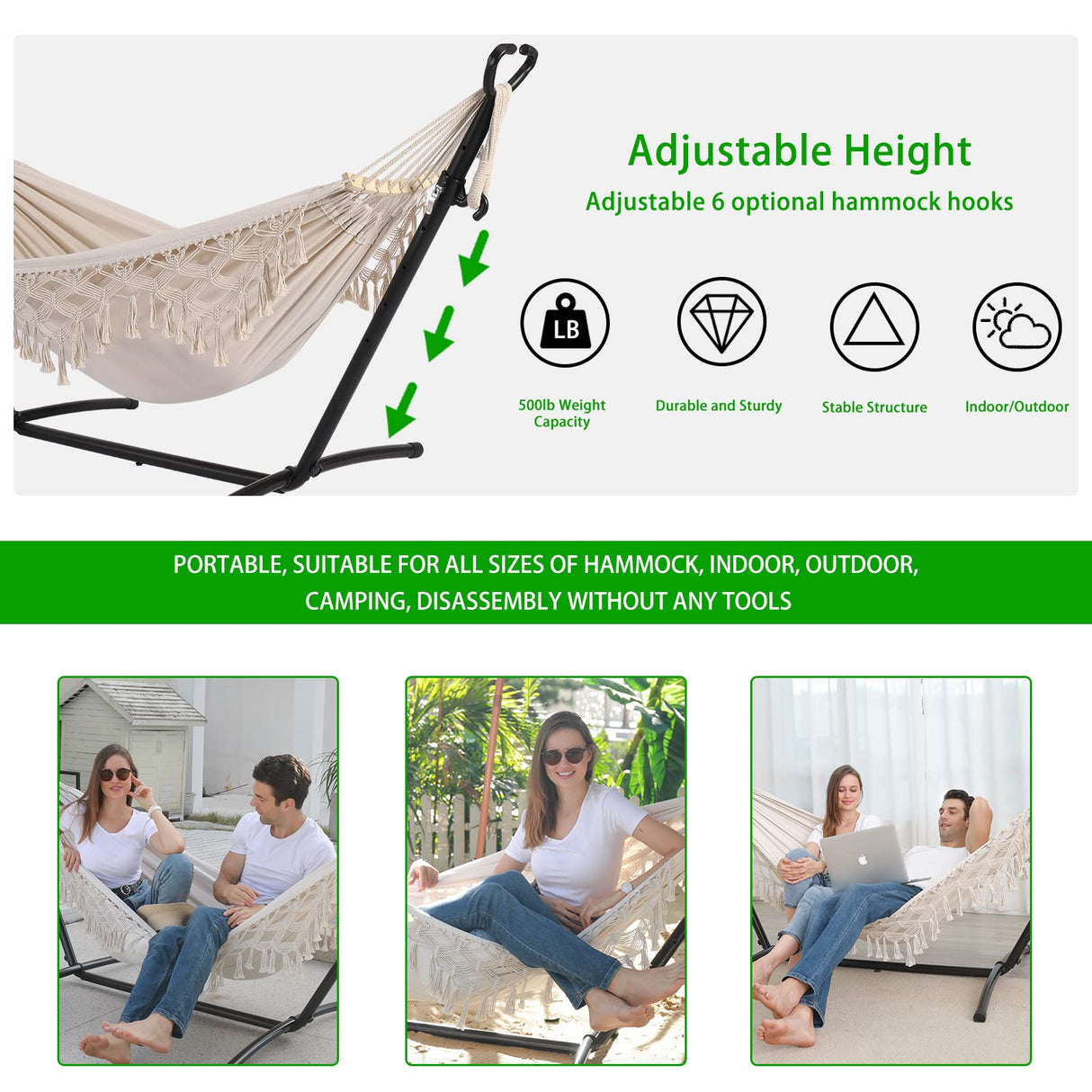 SXSEAGLE Double Hammock with Stand Upgraded Phone Holder Portable Heavy Duty Stainless Steel Indoor Outdoor Patio Yard Beach with Carrying Case (2022 Beige) SXSEAGLE