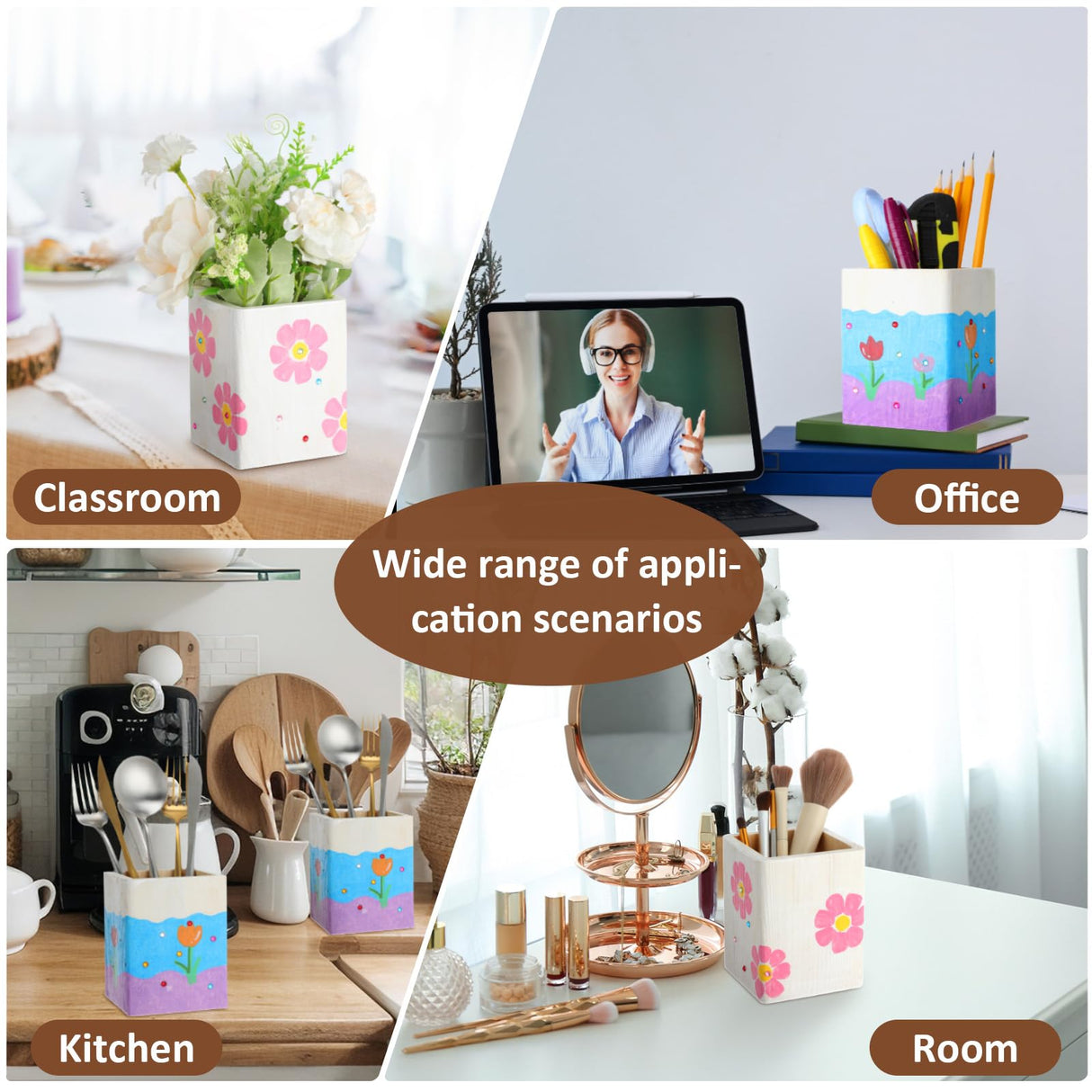 DoubleFill 6 Pack Wood Pen Holder Unfinished Wooden Pencil Holder for Homemade DIY Crafts Mini Wood Pencil Box Small Wooden Crates for Crafts Projects, 3 x 3 x 4 Inches DoubleFill