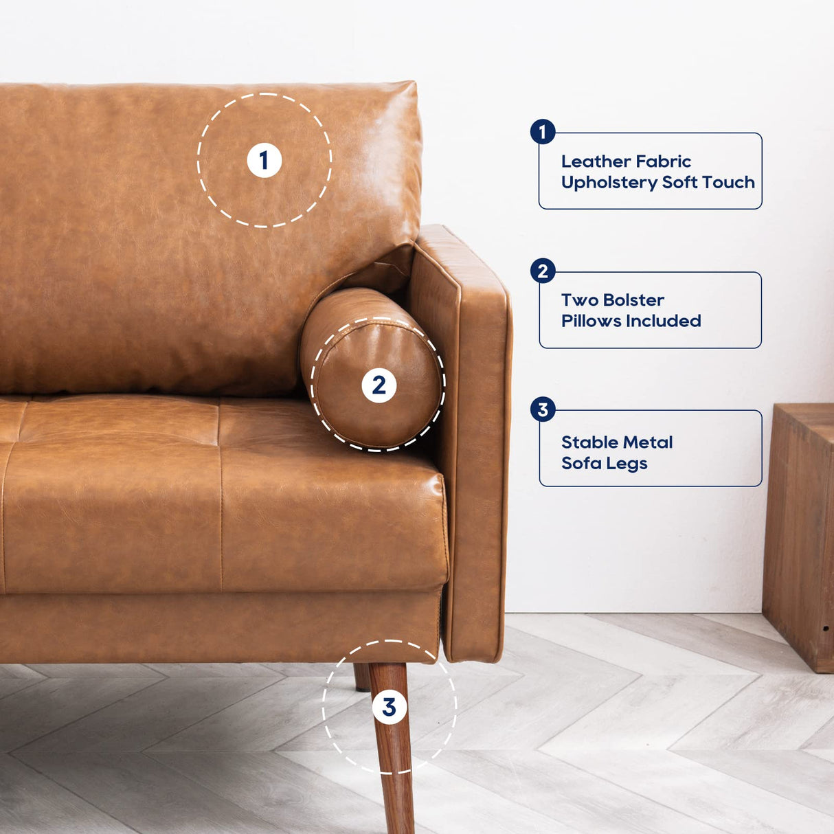 Vonanda Faux Leather Sofa Couch, Mid-Century 73 Inch 3 Seater Leather Couch with Hand-Stitched Comfort Cushion and Bolster Pillows for Living Room,Elegant Cognac Tan Vonanda