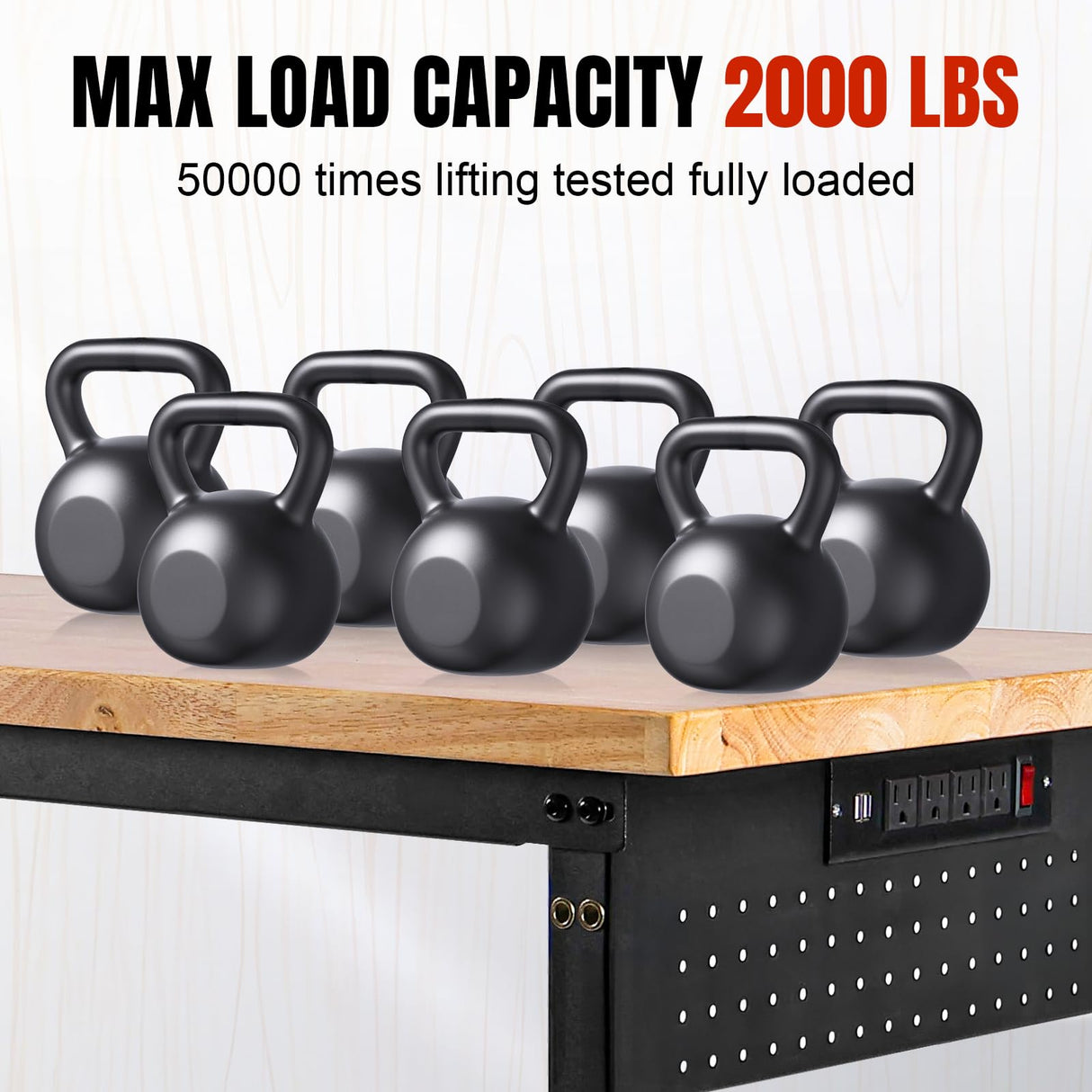 MUWOOD 48" L×24”W Adjustable Workbench with Wheels, 28”-40”Height Heavy Duty Table 2000 LBS Load Capacity, Work Bench with Power Outlet & Pegboard, Rubber Wood Work Table for Garage, Office, Workshop MUWOOD