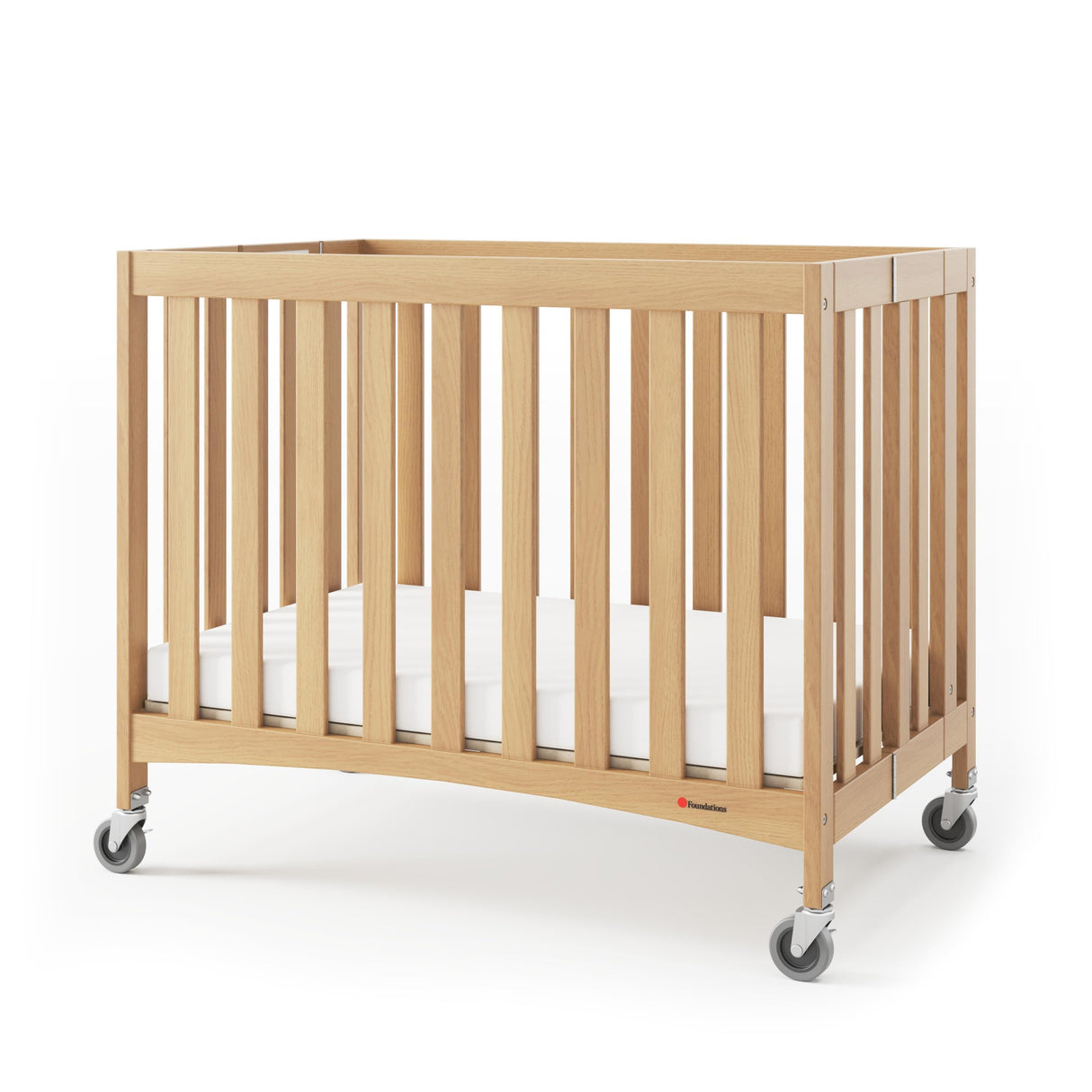 Foundations Travel Sleeper Compact Wooden Folding Crib, Portable Baby Crib with 2” InfaPure Foam Crib Mattress and Commercial Grade Casters, Hotel Crib (Natural) Foundations