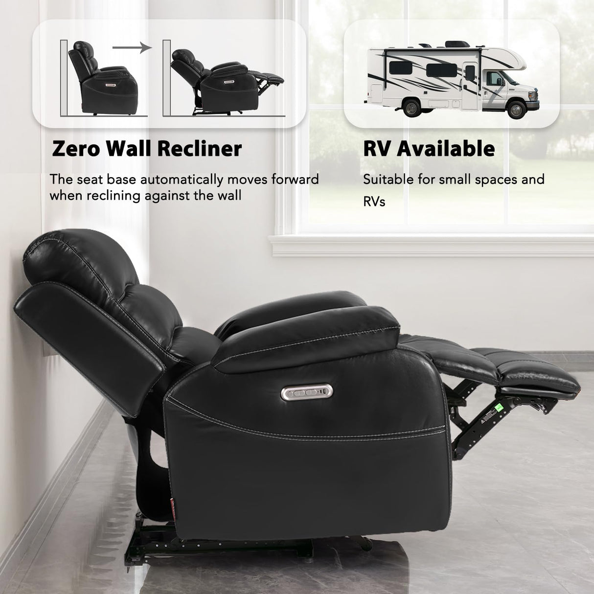 EONIX Real Zero Wall Hugger Recliners, Dual Motor Zero Clearance Power Recliners for Small Spaces, RV Recliner Chair for Living Room with Heat and Massage, SXXY003992, Black EONIX