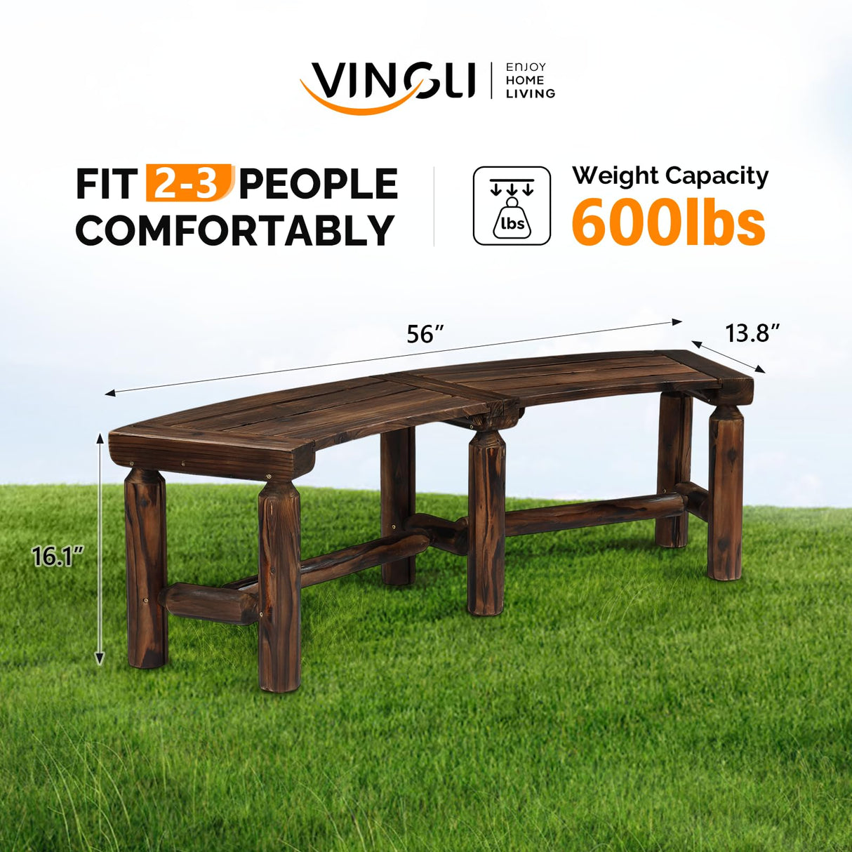 VINGLI Outdoor Bench Wooden Curved Bench, All-Weather Fire Pit Backless Patio Bench, 2-Person Seating Rustic Garden Bench for Backyard Porch Deck Entryway (Carbonized) VINGLI