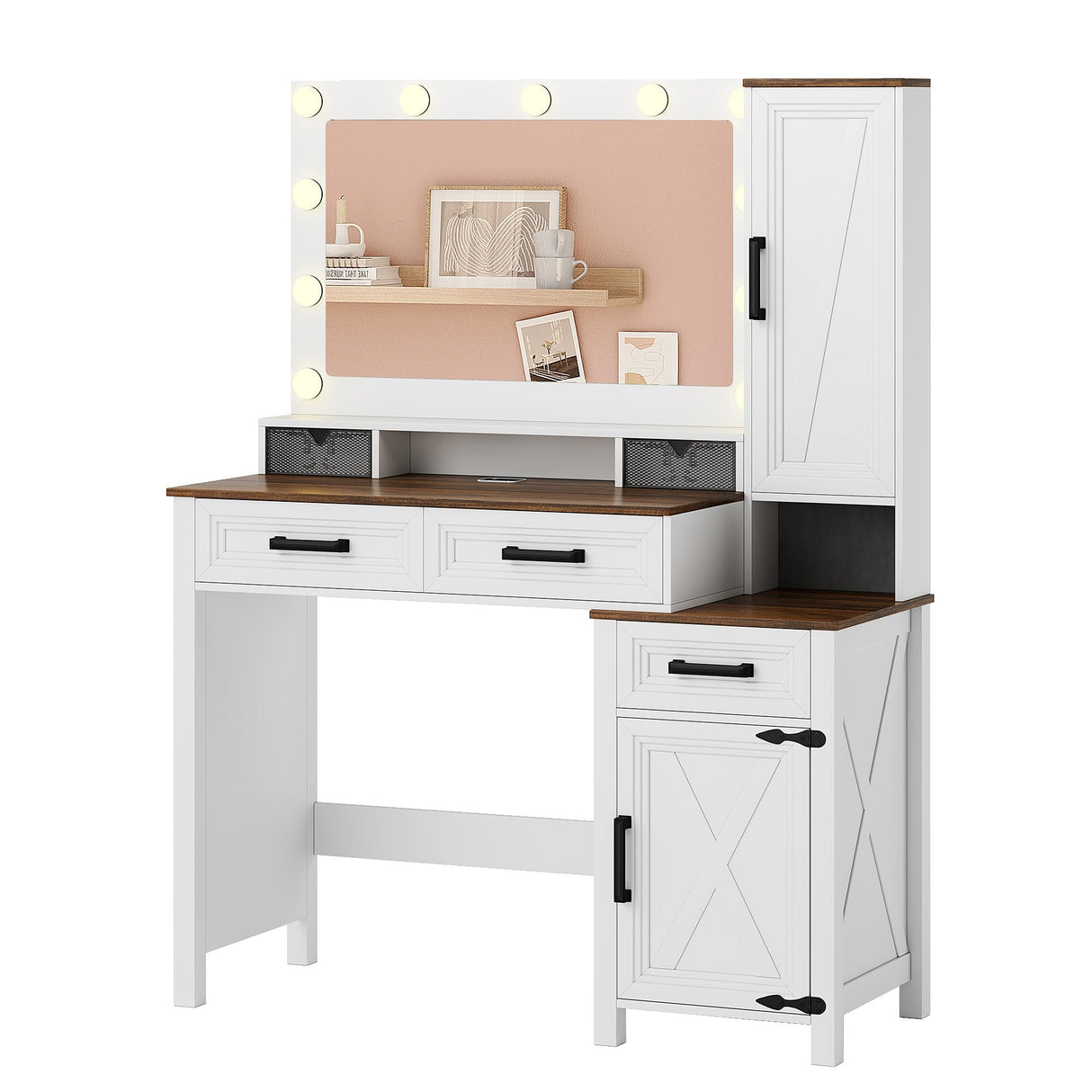 GlasFlength Farmhouse Makeup Vanity with Lighted Mirror, Vanity Desk with Charging Station, Vanity Table with 3 Lighting Modes Brightness Adjustable, Wood Vanity with Acrylic Boxes for Bedroom, White GlasFlength