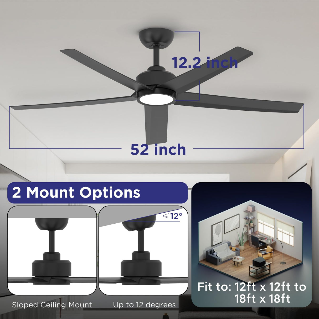 ocioc 52 inch Ceiling Fans with Lights, 2 Pack Black Ceiling Fan with Light and Remote Control, 3CCT, Quiet DC Motor, 5 Blades Modern Ceiling Fan for Living Room Farmhouse Bedroom ocioc