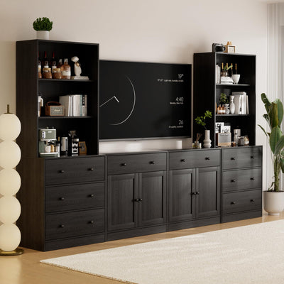 TUSY 4-Piece Large TV Stand with Bookshelves for TVs up to 75", TV Entertainment Center Media Center with Tempered Glass Doors and Shelves, TV Hutch for Living Room White (Black)