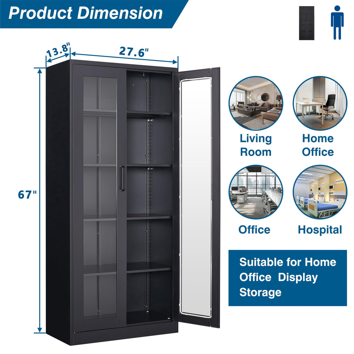 PEUKC 67IN Display Cabinet with Glass Doors, Metal Curio Cabinets with 4 Adjustable Shelves, Glass Cabinet Display Case for Home, Office, Clinic, Pantry (Black) PEUKC