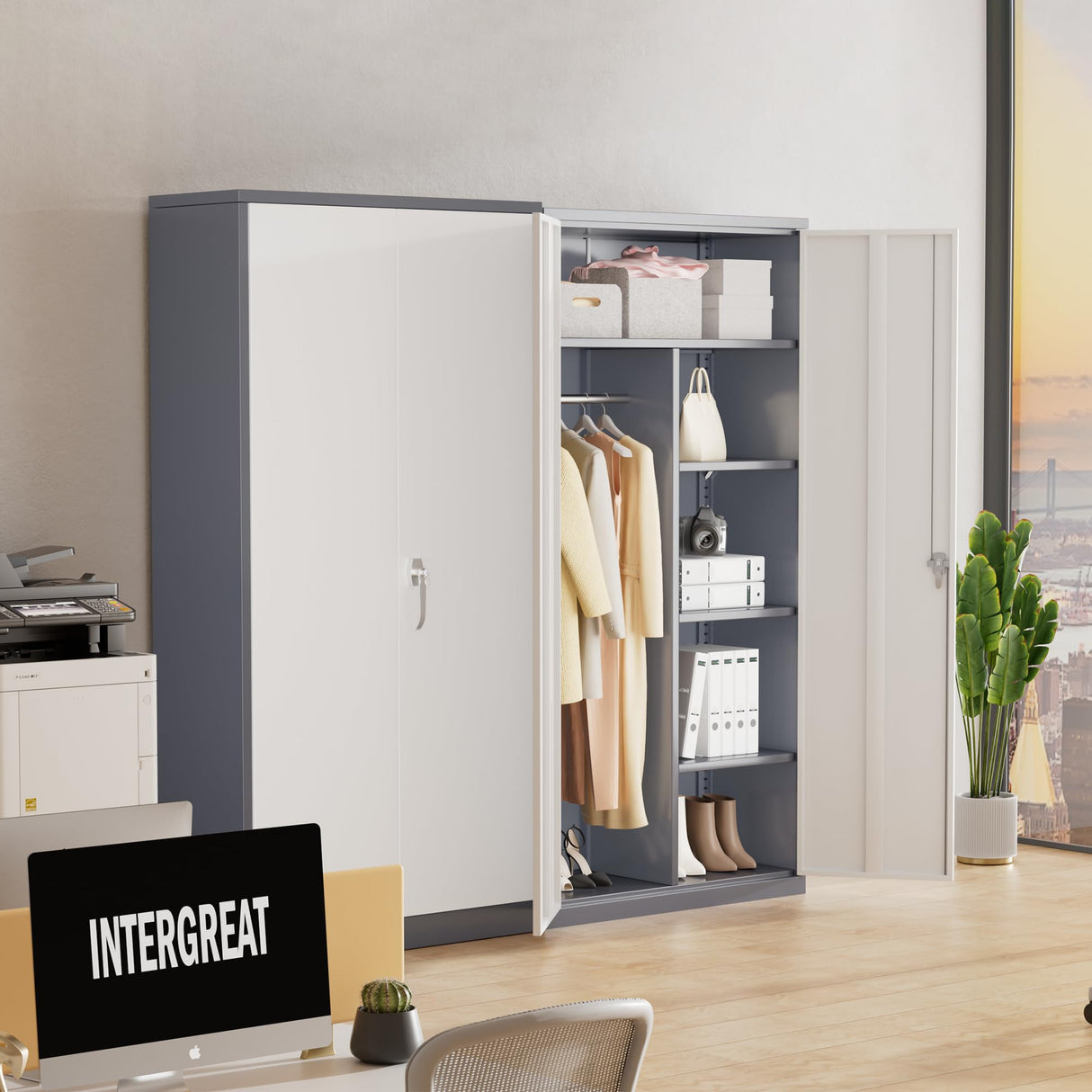 INTERGREAT Metal Storage Cabinet, 72" Armoire Wardrobe Closet with Doors, Storage Cabinet with Doors and Shelves,Tall Cabinet for Home Office, Bedroom, Laundry Room(New Gray) INTERGREAT