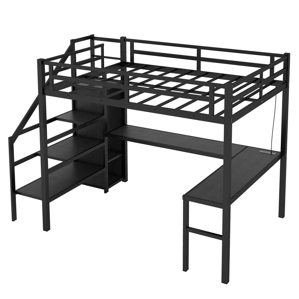 Full Size Metal Loft Bed with Desk and Wardrobe,Heavy Duty Loft Bed Frame with Storage Stairs,LED Loft Bed Full with Charging Station, Space Saving Loft Bed Full for Kids,Teens,Adults,Black Bellemave