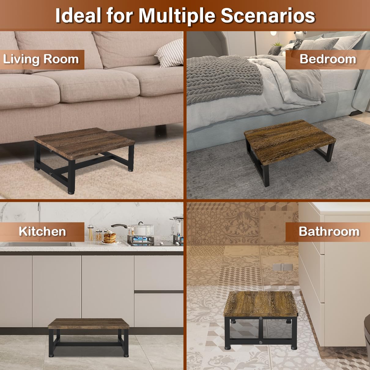 Tigerden Wooden Step Stool for Toddlers Kids and Adults, Heavy Duty Stepping Stools with 300 LB Load Capacity, Foot Step Stool for Bed, Bedroom, Living Room, Bathroom, Kitchen- Rustic Brown & Black Tigerden