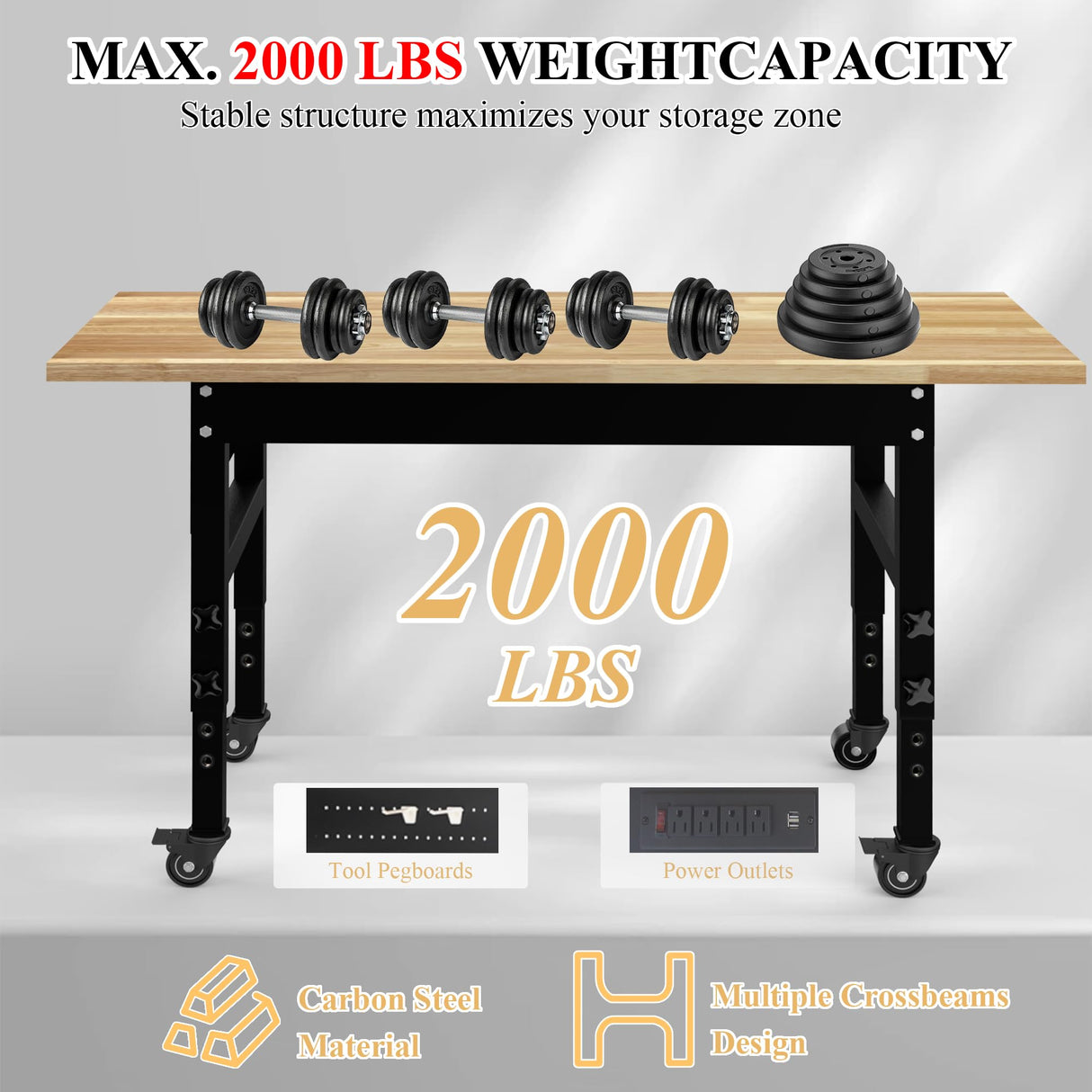 MISHAO 60" Adjustable Workbench on Wheels, Rubber Wood Heavy-Duty Workstation w/Power Outlet & Pegboard, 2000 LBS Load Capacity Hardwood Worktable for Garage, Workshop, Office, Home MISHAO