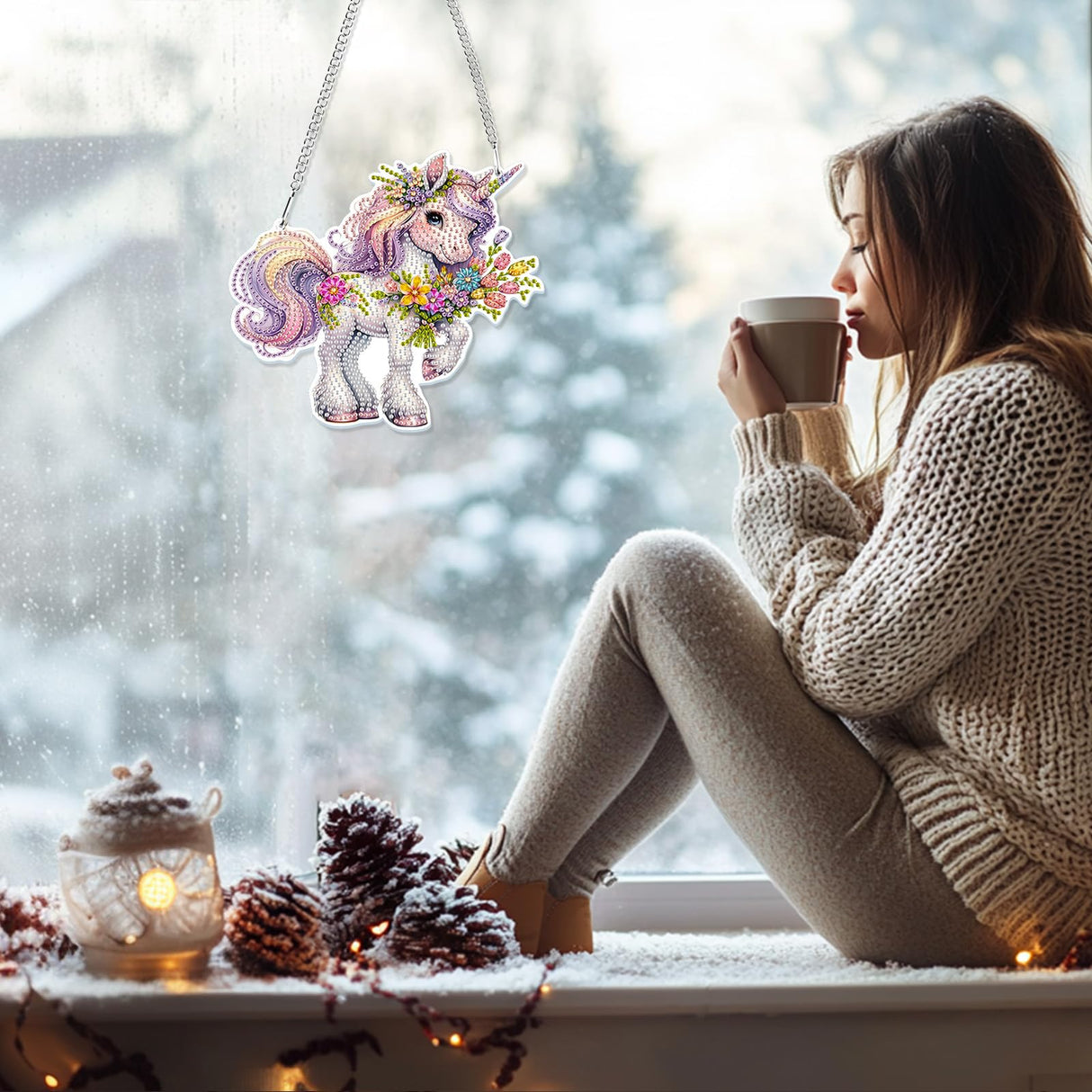 GHHKUD Hanging Diamond Painting Pendant Unicorn Ornament Kits - DIY Animal Decoration with Chain Diamond Art Hanging for Adults Kids, Double Sided Handmade Gifts for Holiday Decor GHHKUD