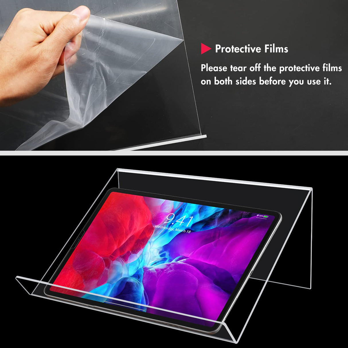 Kamehame Book Stands for Display, 2 Pack Slightly Elevated Clear Acrylic Book Display Stand with 1.5" Ledge, Book Easel Anti-slip Border for Handwriting Reading Art and Laptop, 12"x8.5"x5.1" Kamehame