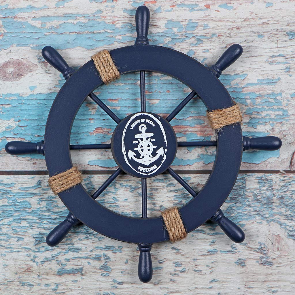 MDLUU Wooden Ship Wheel, Ship Rudder Decor, Helm Wheel Wall Hanging Ornament (11"(navy blue)) MDLUU