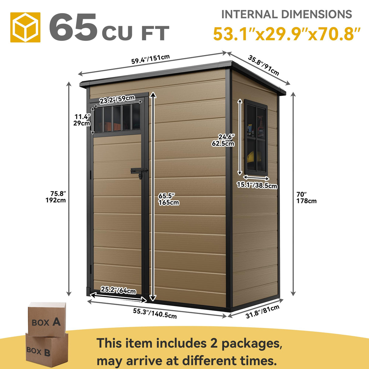 DWVO 5x3FT Outdoor Storage Shed, All-Weather Resin Plastic Storage Shed with Windows, Slanted Roof, Raised Floor, 65 cu.ft Capacity for Garden Tools & Equipment, Ideal for Backyard & Garden, Brown DWVO
