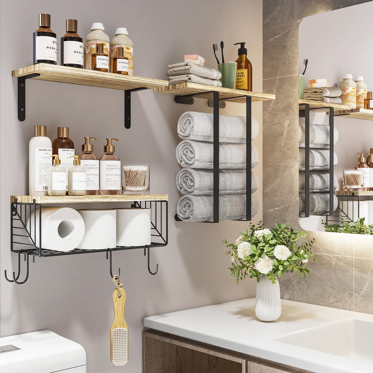 Fixwal Bathroom Floating Shelves Over Toilet Wall Shelves Set with Towel Storage Rack for Bathroom Organization & Wall Decor(Rustic Brown) Fixwal