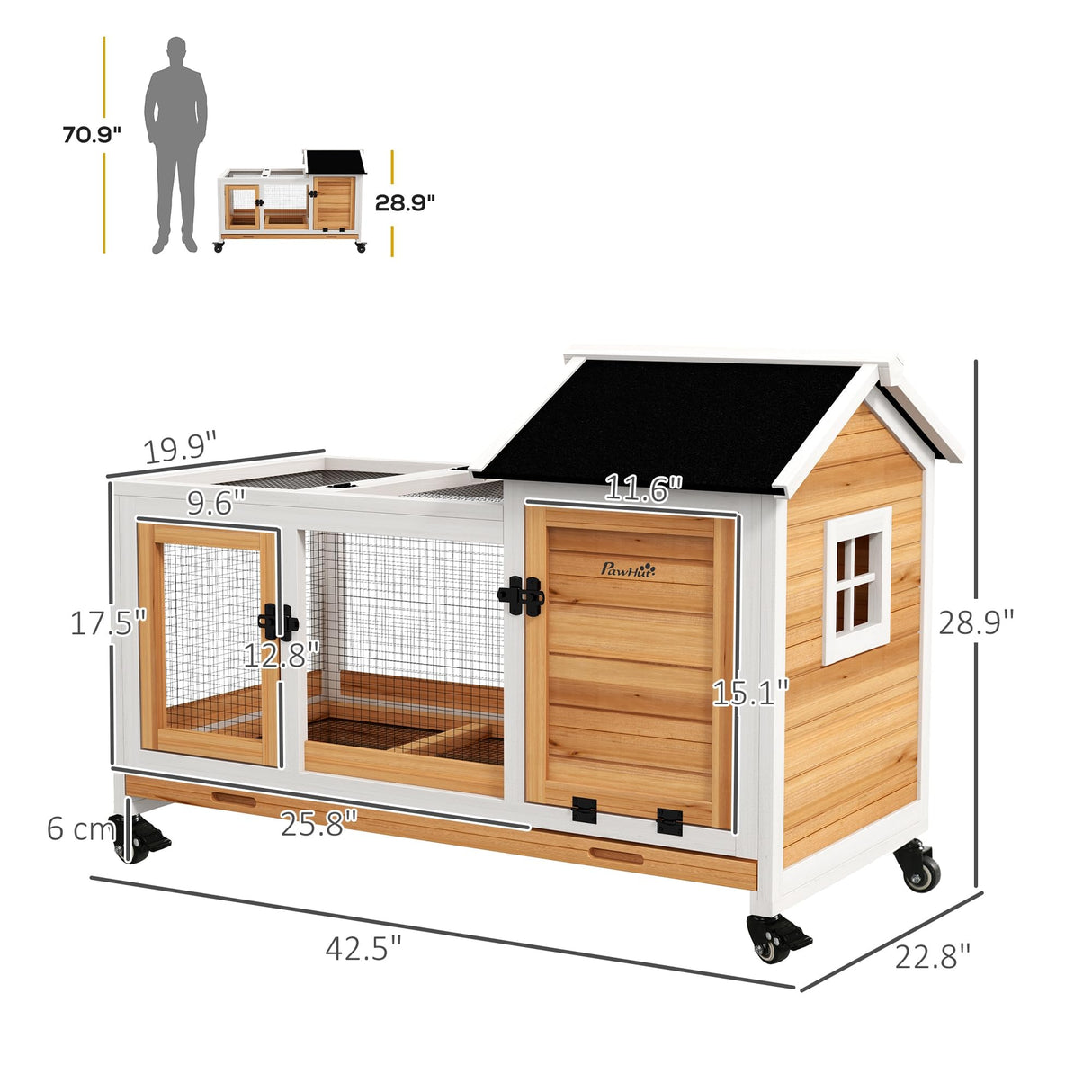 PawHut Indoor Outdoor Wooden Rabbit Hutch with Wheels, Large Bunny Hutch with Run & Slide-Out Tray for Small Animals, Guinea Pig, Yellow PawHut