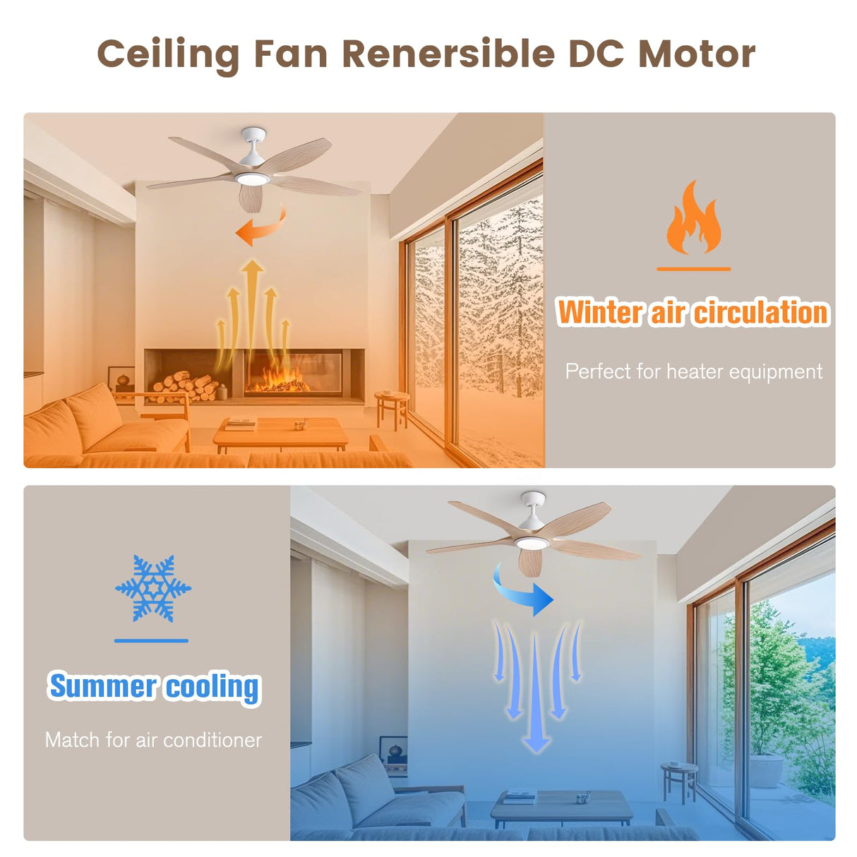 Newdayr 60" Wood Ceiling Fan with Lights Remote and Control, 6 Speeds, 3 Color Tones Dimmable LED, 6H Timer, Modern, Noiseless Reversible DC Motor, Large Indoor, Kitchen, Bedroom, Living Room Newday