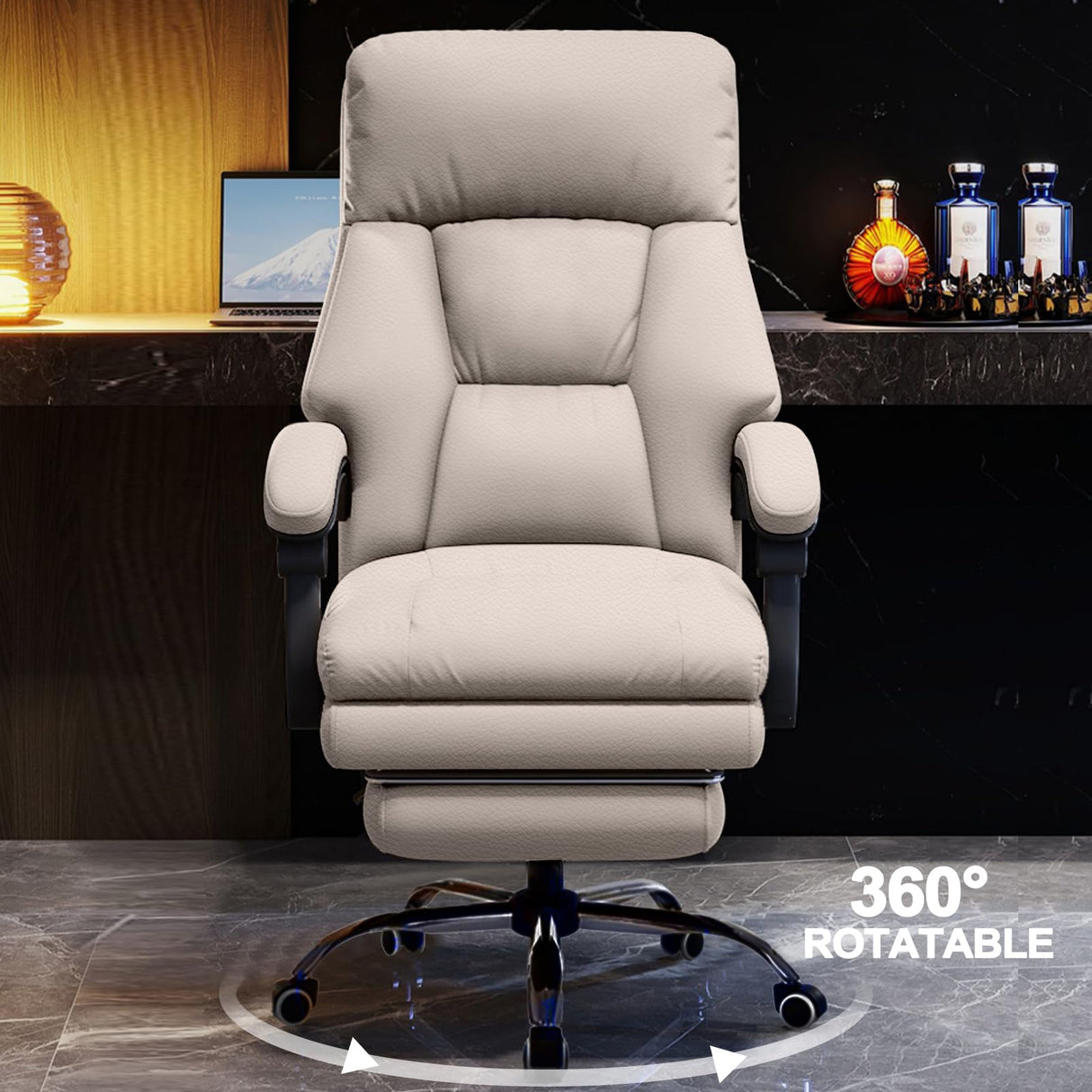 HDHNBA Executive Office Chair Comfortable Desk Chairs with Foot Rest High Back Computer Gaming Chairs Reclining PU Leather Work Chair for Home Office, Beige HDHNBA