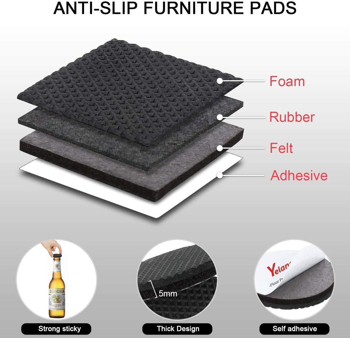 Yelanon Non Slip Furniture Pads -56 pcs(1+2)” Furniture Grippers, Non Skid Furniture Legs,Self Adhesive Rubber Furniture Feet, Anti Slide Furniture Hardwood Floor Protector for Keep Couch Stoppers Yelanon