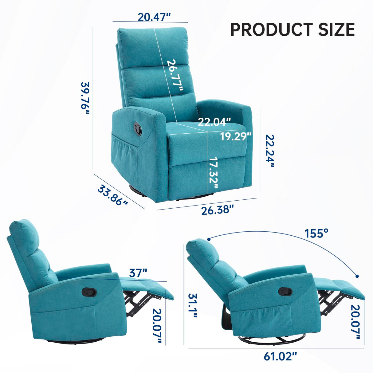 EZZUP 360° Swivel Recliner Chairs for Small Spaces, A Recliner with Side Pockets, Small Rocker Recliner for Living Room, Bedroom, Sky Blue Recliner Chair for Adults EZZUP