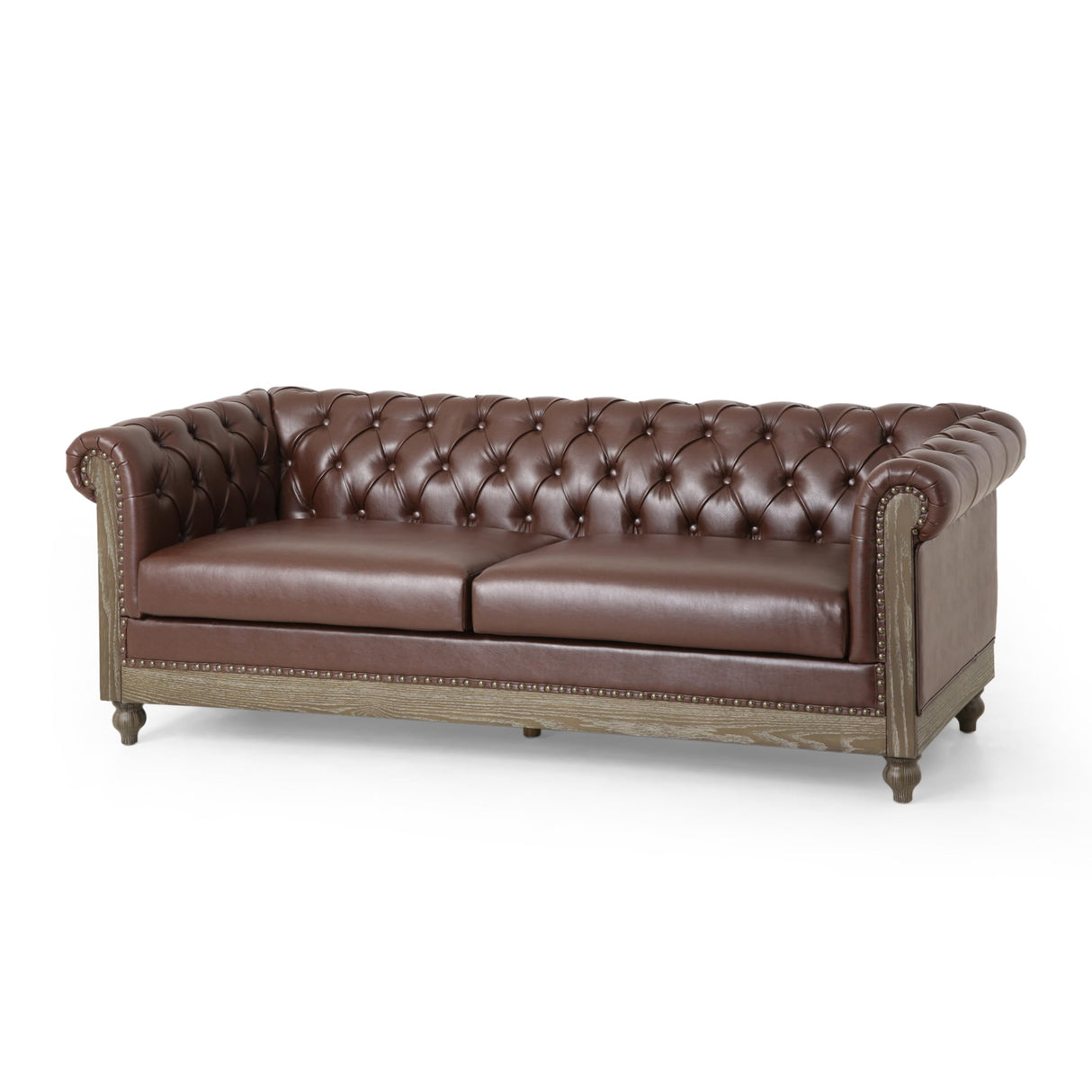 Merax PU Chesterfield Sofa, Retro Style Upholstered 3 Seater Leather Couch Rolled Arm for Living Room Bedroom Office, Dark Brown Merax