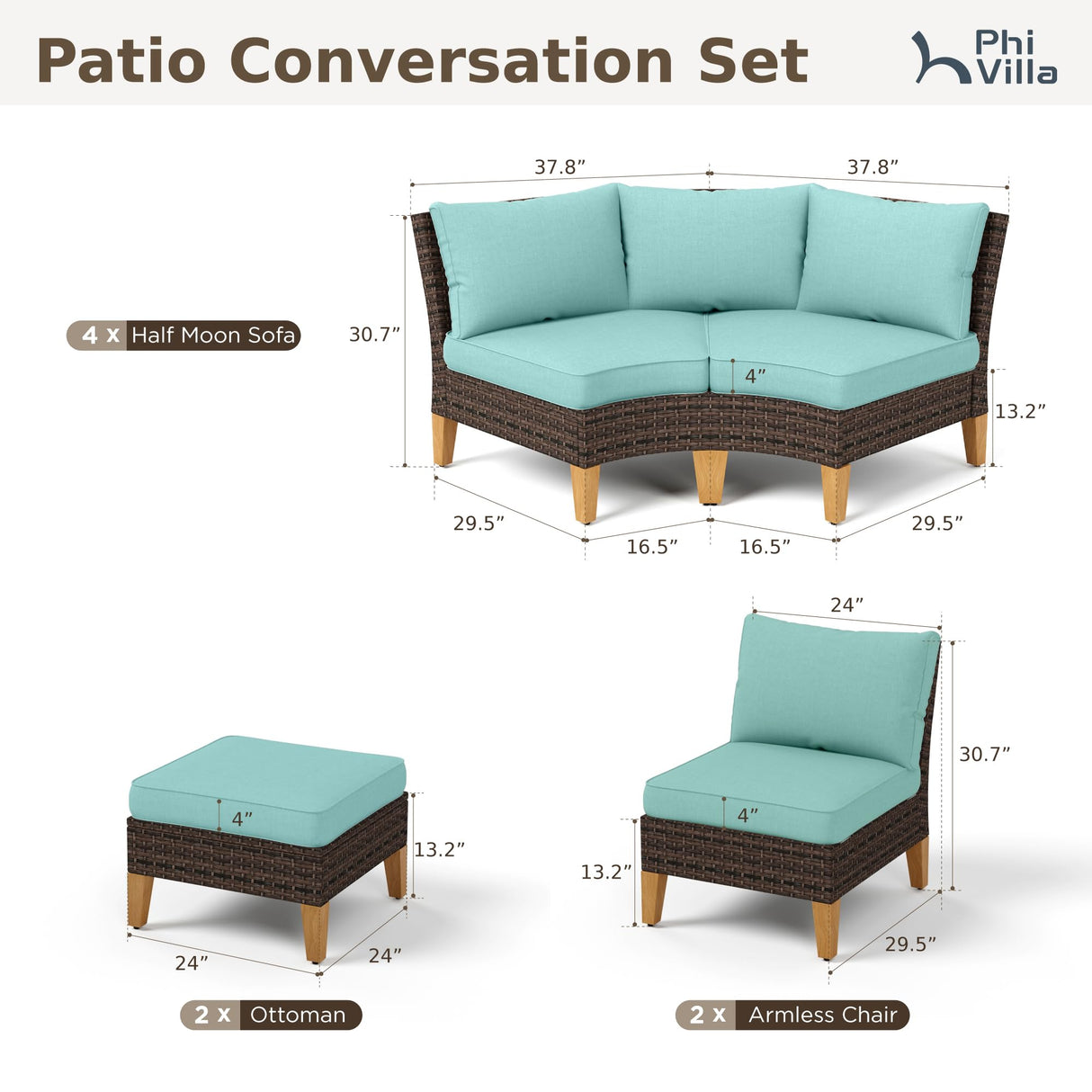 PHI VILLA 8-Piece Wicker Patio Furniture Set, Outdoor Half-Moon Curved Sectional Sofa with Cushions, 2 Ottomans, Large Conversation Seating for Garden or Backyard, Aqua Blue PHI VILLA