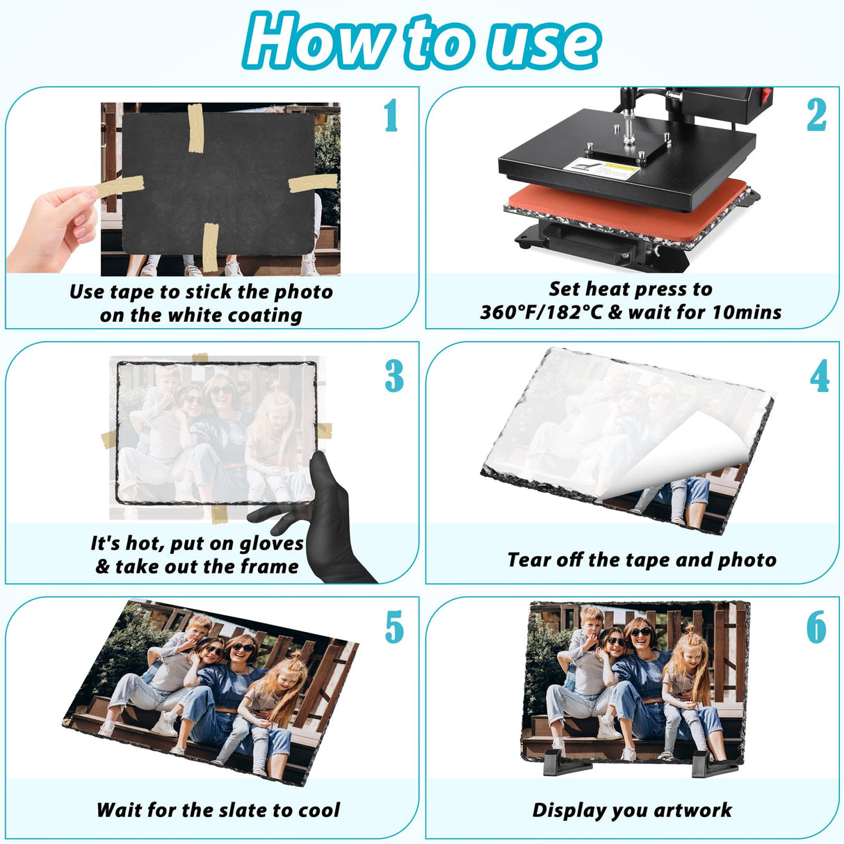 Keepwaters Sublimation Slate Blanks, Sublimate Slates With Display Holder, 6 Pack Square Sublimation Plaque, Heat Thermal Memorial Slates Rock Stone Photo Frame For Desktop Souvenir DIY Picture Keepwaters