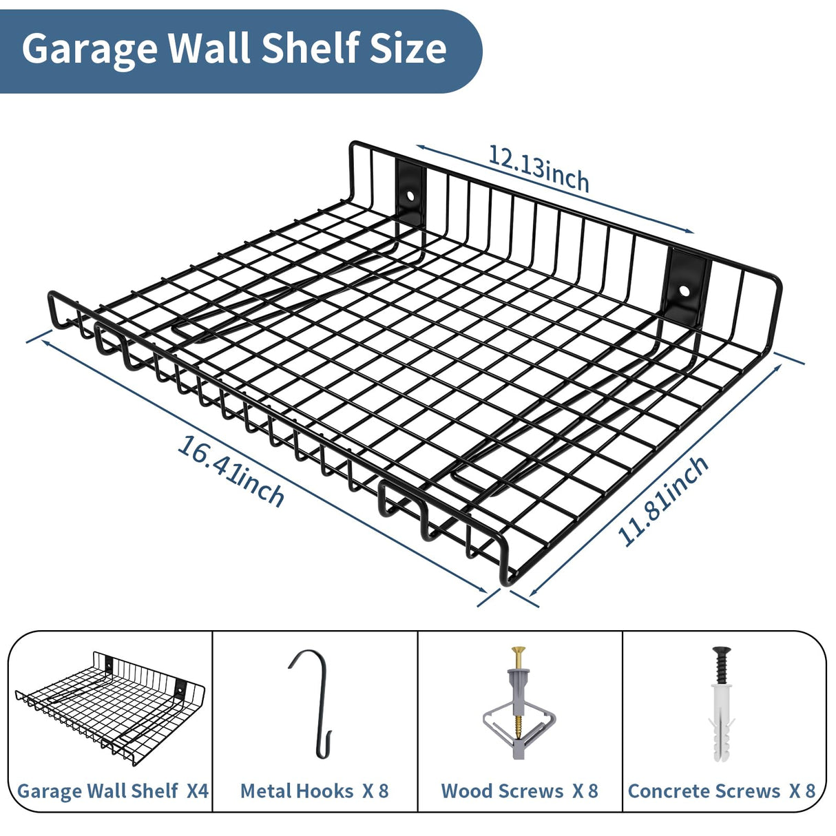 2 Pack Garage Wall Shelf, Wall Mounted Storage Shelves, Heavy Duty Metal Shelves for Room Wall, Loads 130 LBS Floating Shelves Mesh Storage Rack for Garage, Office, Basement,Wall Cabinet and Kitchen Riciakik
