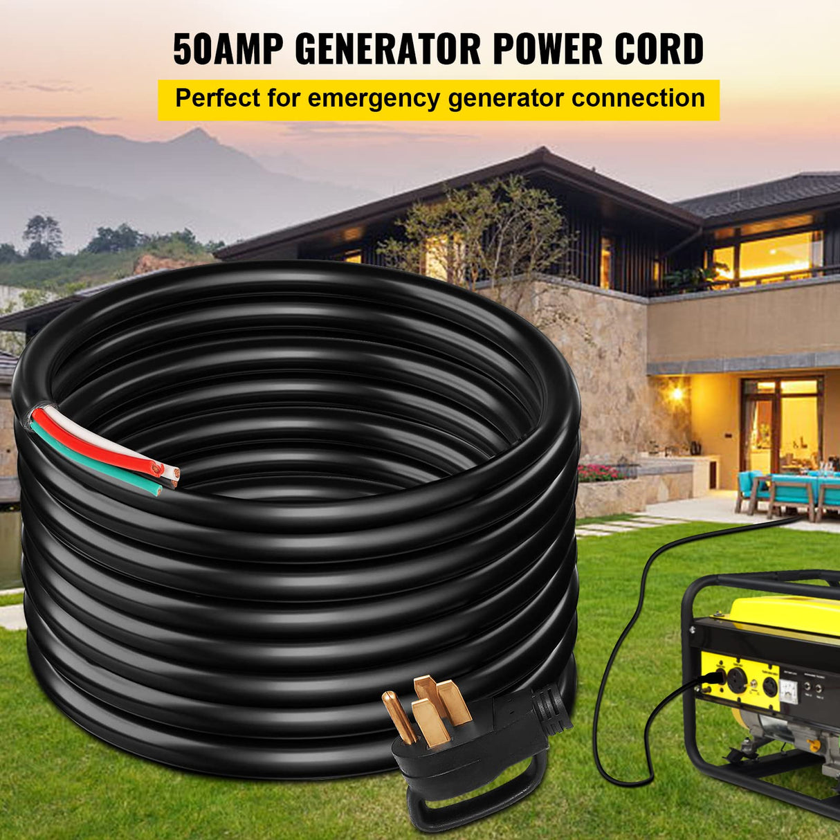 VEVOR 15 FT 50 Amp Generator Extension Cord 4 Wire 6 Gauge STW 6/3+8/1, 125V 250V Generator Power Cord N14-50P & SS2-50R with Portable Handle VEVOR