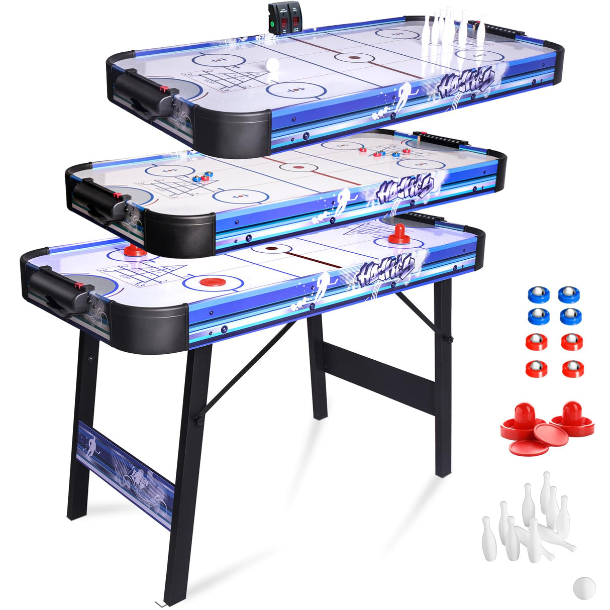 48" Air Hockey Game Table, Powered Ice Hockey Game Table Combines Bowling and Shuffleboard, Arcade Games Machines for Home with Round Corner Hyner