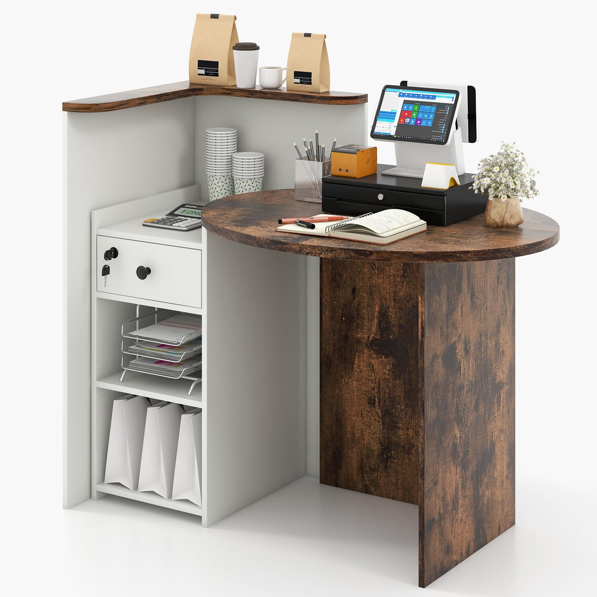 IFANNY Reception Desk, 48’’ Retail Counter w/Lockable Drawer & Storage Shelf, L-Shaped Reception Table, Wooden Computer Desk for Salon, Restaurant, Office (Rustic Brown & White) IFANNY