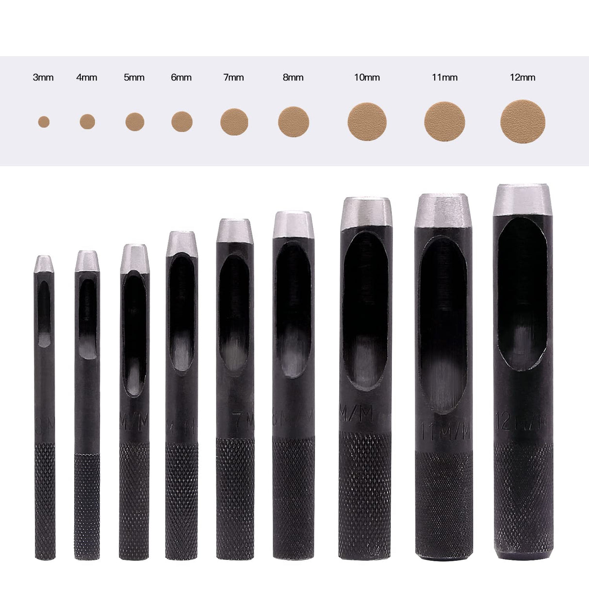 Tlimus 9 Pieces Heavy Duty Round Punch Set(3mm-12mm) with a Free Cutting Pad, Leather Hole Punch Set with Storage Case is Widely Used in Watch Straps, Belts, Cloth, Leather Gaskets(9 Black) Tlimus