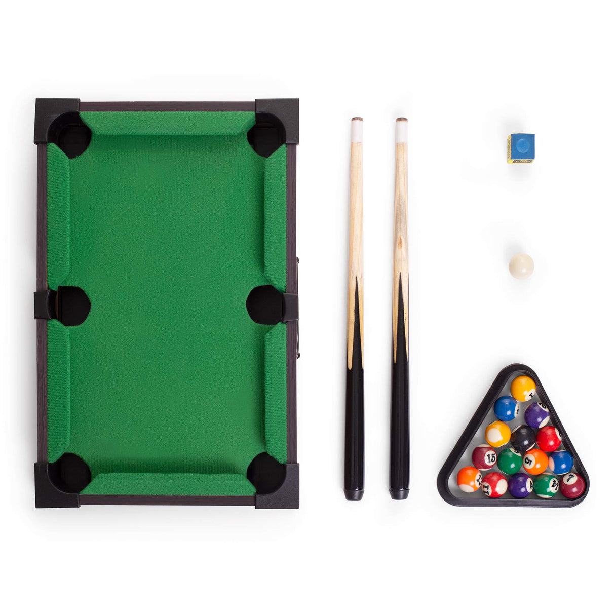 Tabletop Pool, Mini Pool Table & Billiard Set | Small Billiards Game with 16 Resin Balls, 2 Pool Cues, Triangle Rack, & Chalk | Travel-Friendly & Office Desk Games, Bartop, or Home Use & Easy Storage Brybelly