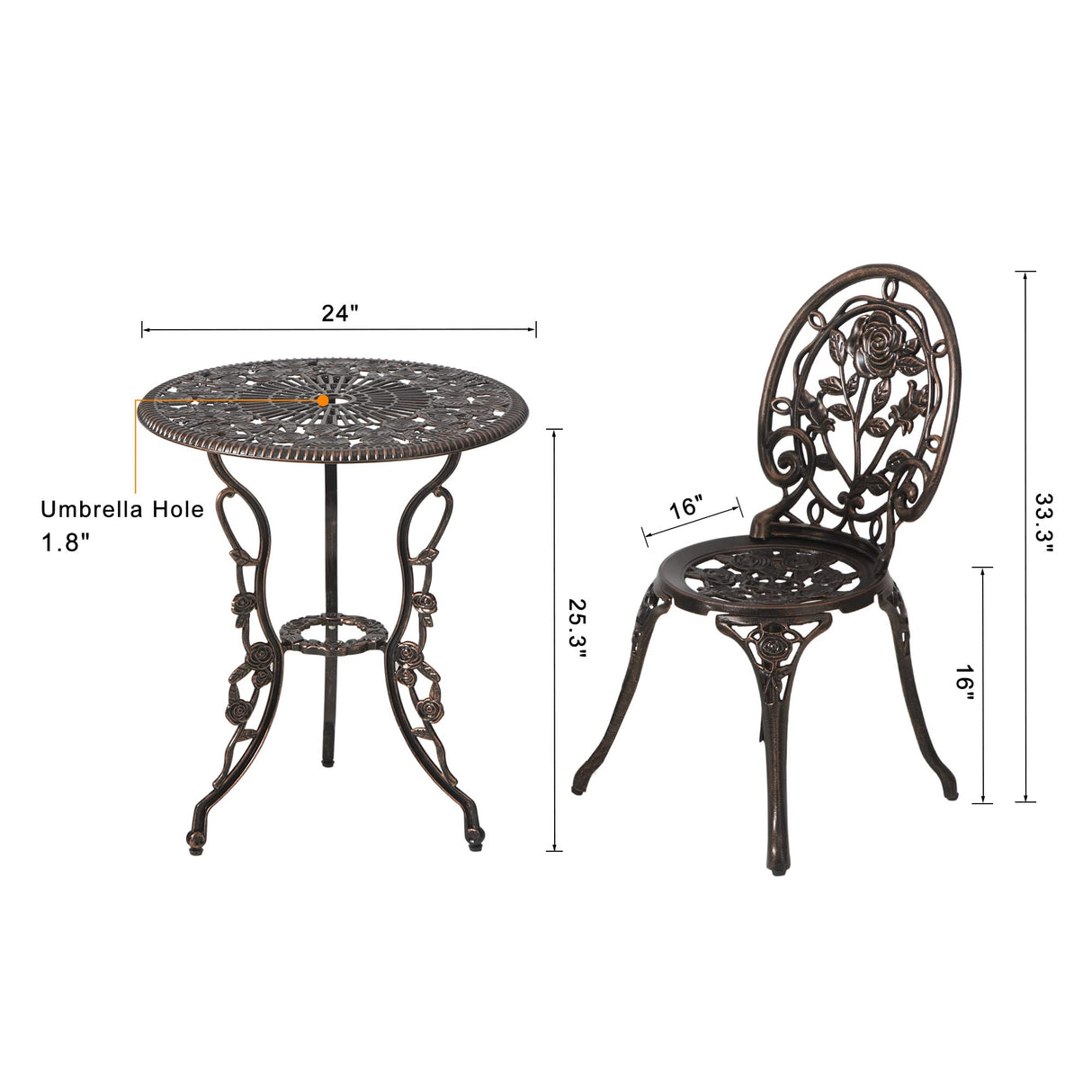 HOMEFUN Bistro Table and Chairs Set of 2 Outdoor 3 Piece Patio Set, Rose Pattern Cast Aluminum Bistro for Garden Balcony, Durable Rust All-Weather Resistance, Rose Bronze HOMEFUN