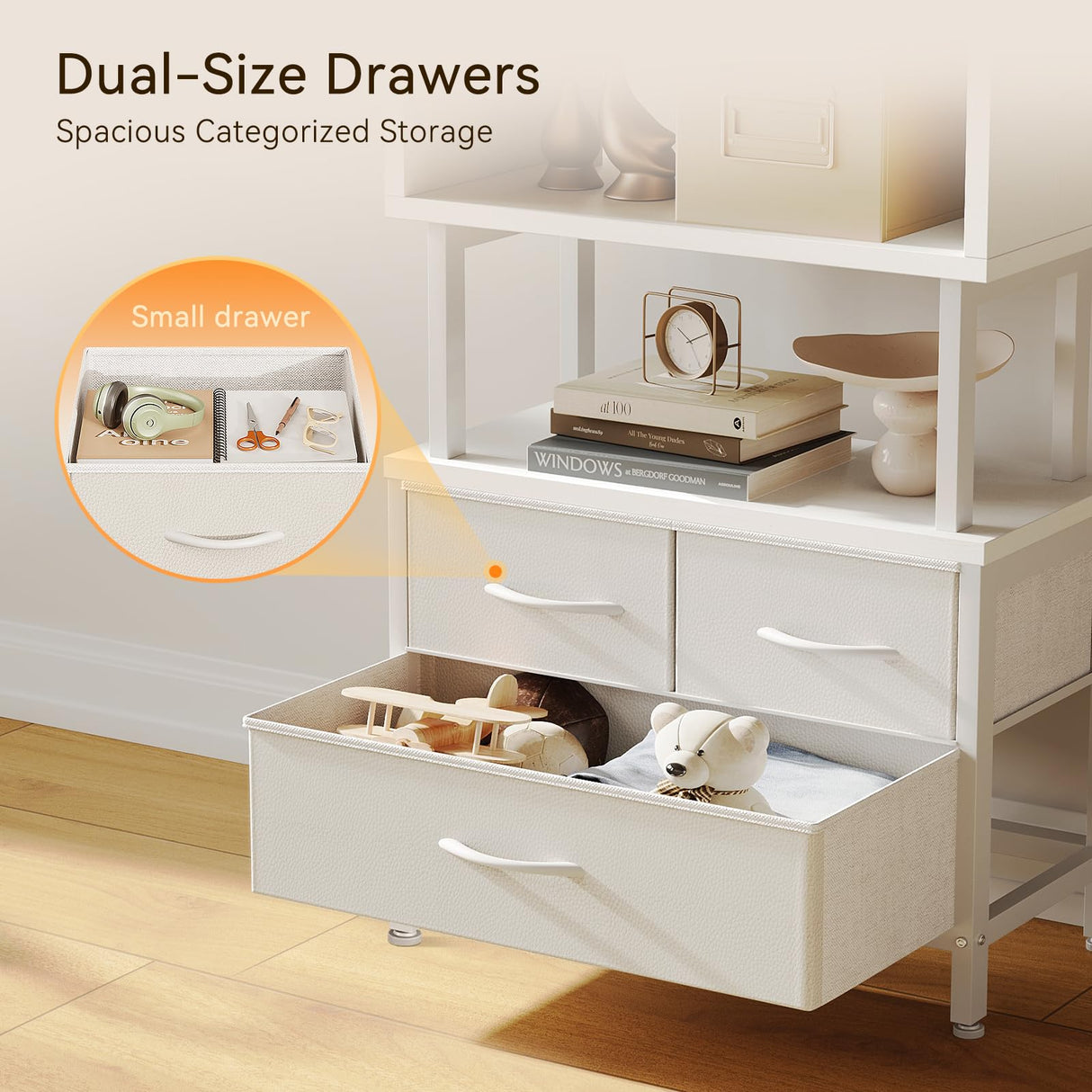 Casaottima 7 Tier Bookshelf, Tall Geometric Bookcase with Fabric Drawers, Modern Display Book Shelves Book Case for Living Room Bedroom, Wood Decorative Standing Shelving Unit for Home Office, White Casaottima