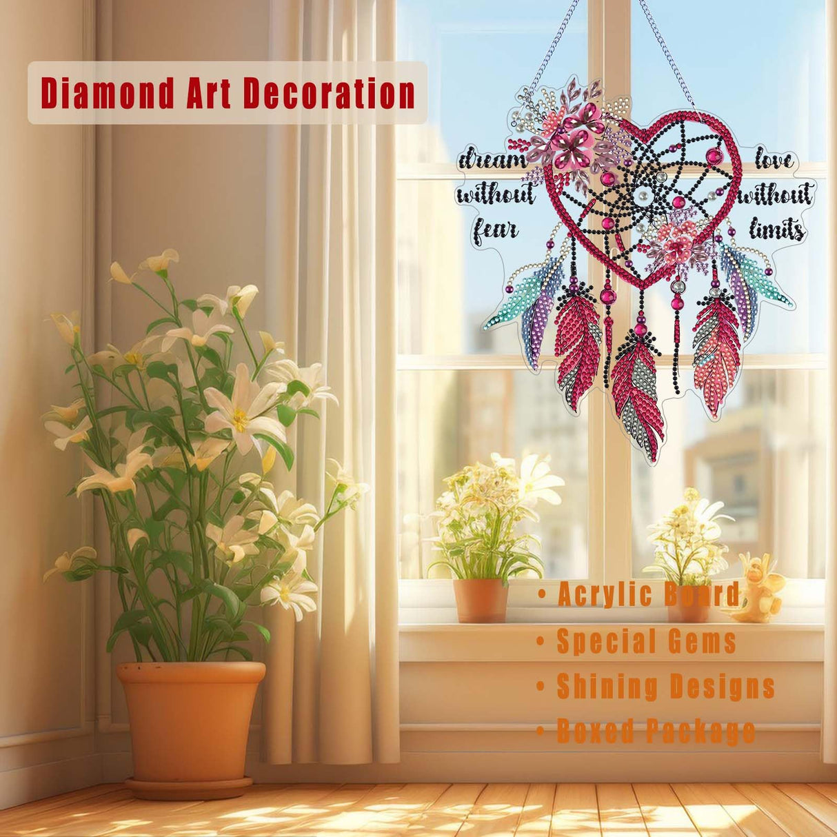 Dreamcatcher Diamond Art Painting Kit, Hanging Double Sided Sun Catchers Ornament, Lucky Diamond Art Painting Crafts Gift, DIY 3D Special Gem Diamond Dot Kit for Adults, Box Package (Red-Love) TSRUVYL